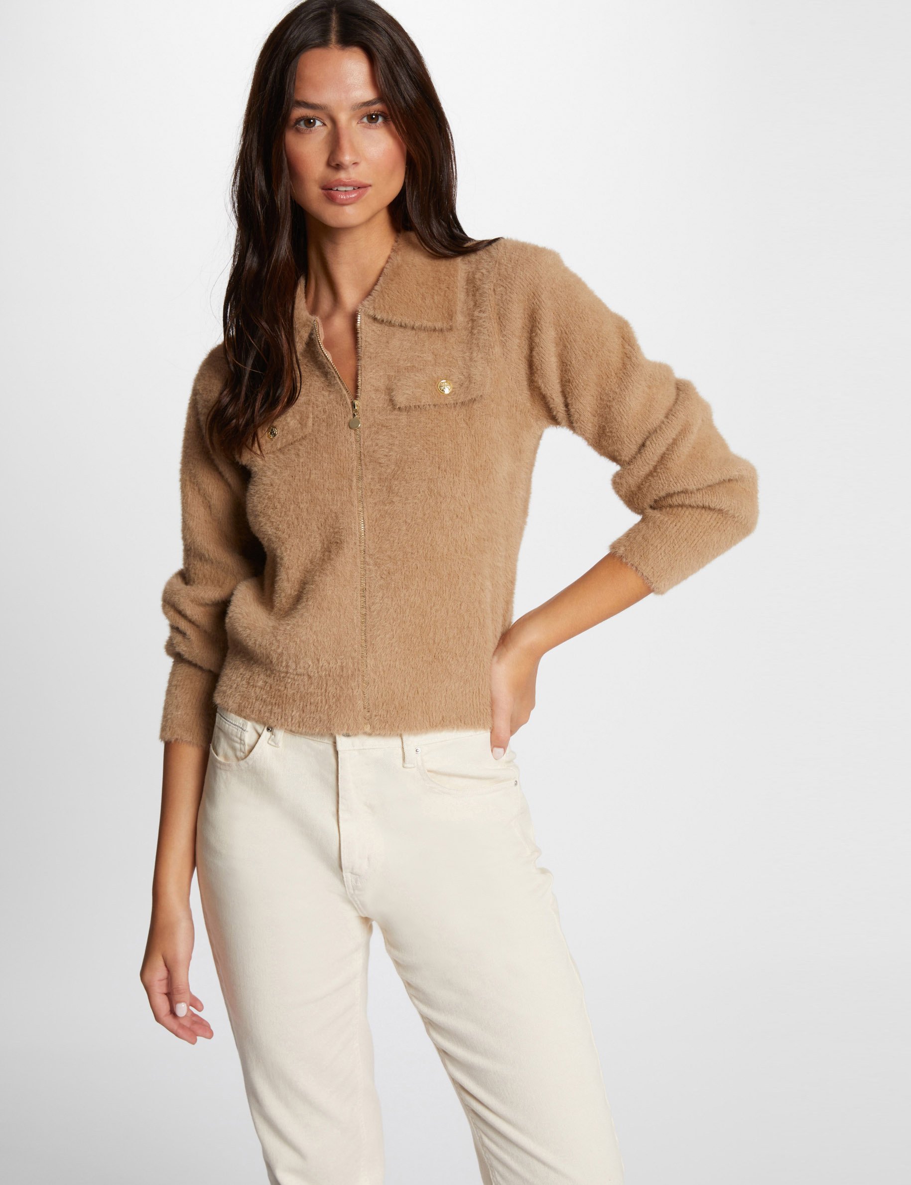Gilet manches longues col &agrave; revers camel femme