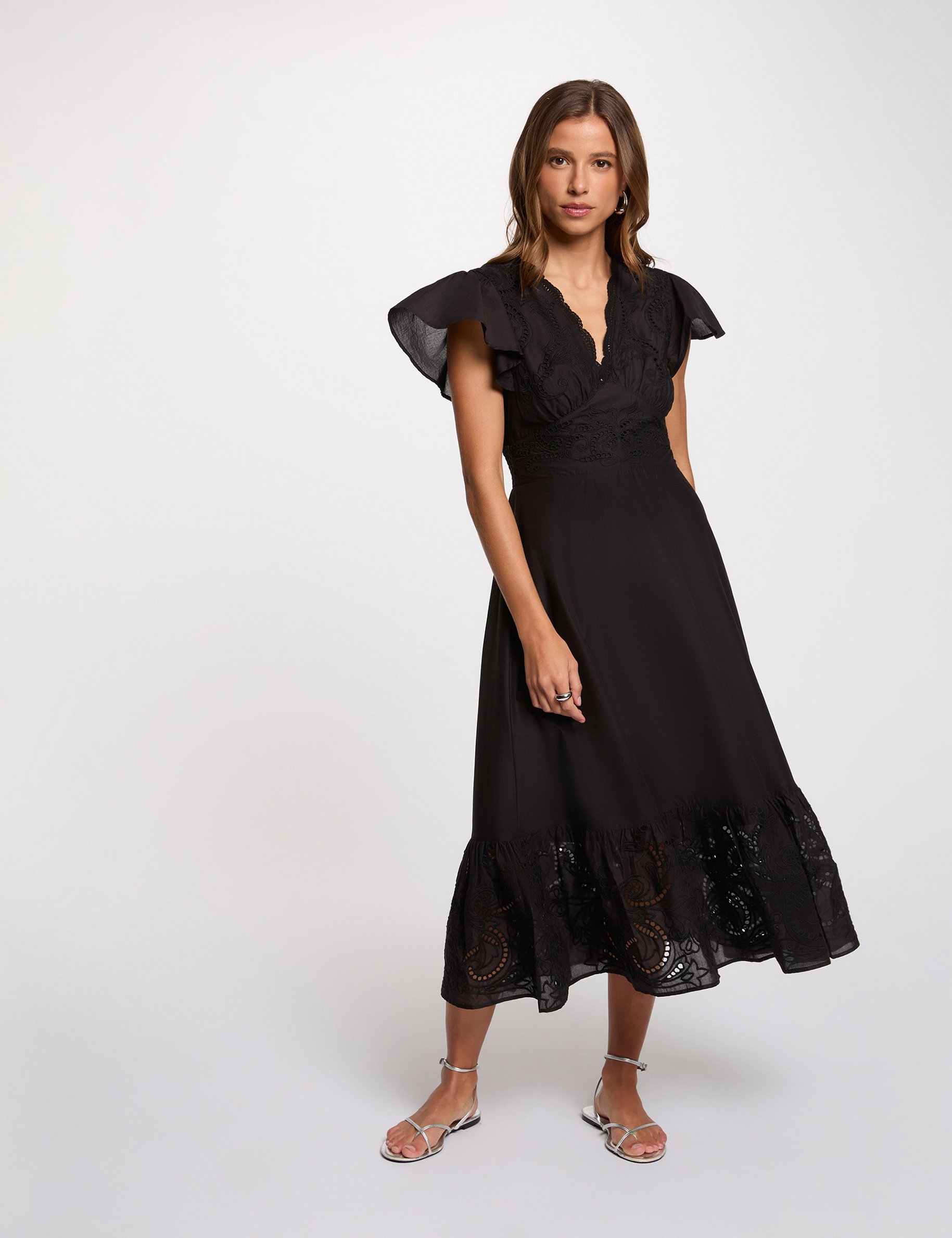 Robe longue broderie noir femme