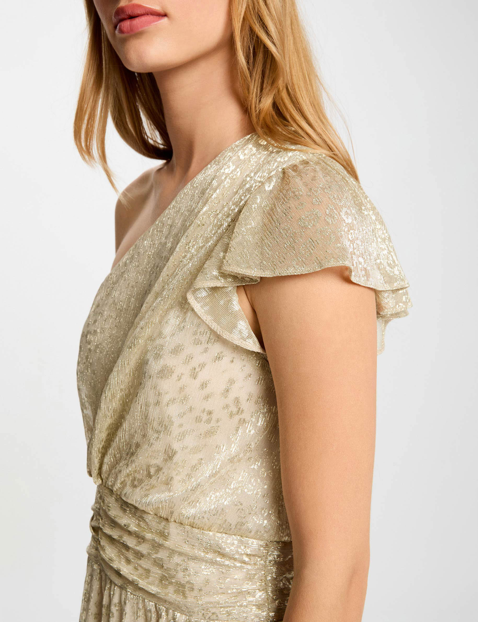 Robe voile asym&eacute;trique jaune or femme