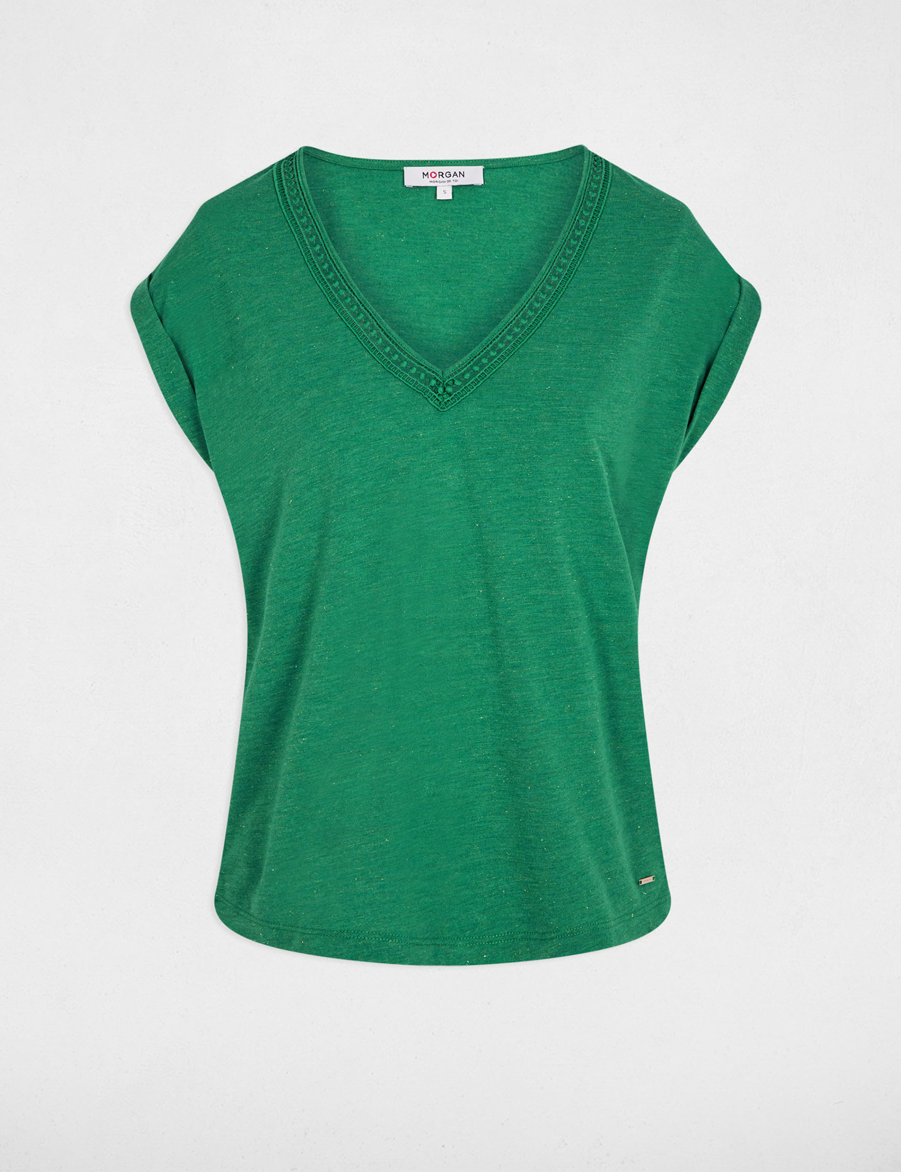 T-shirt brillant col v vert prairie femme