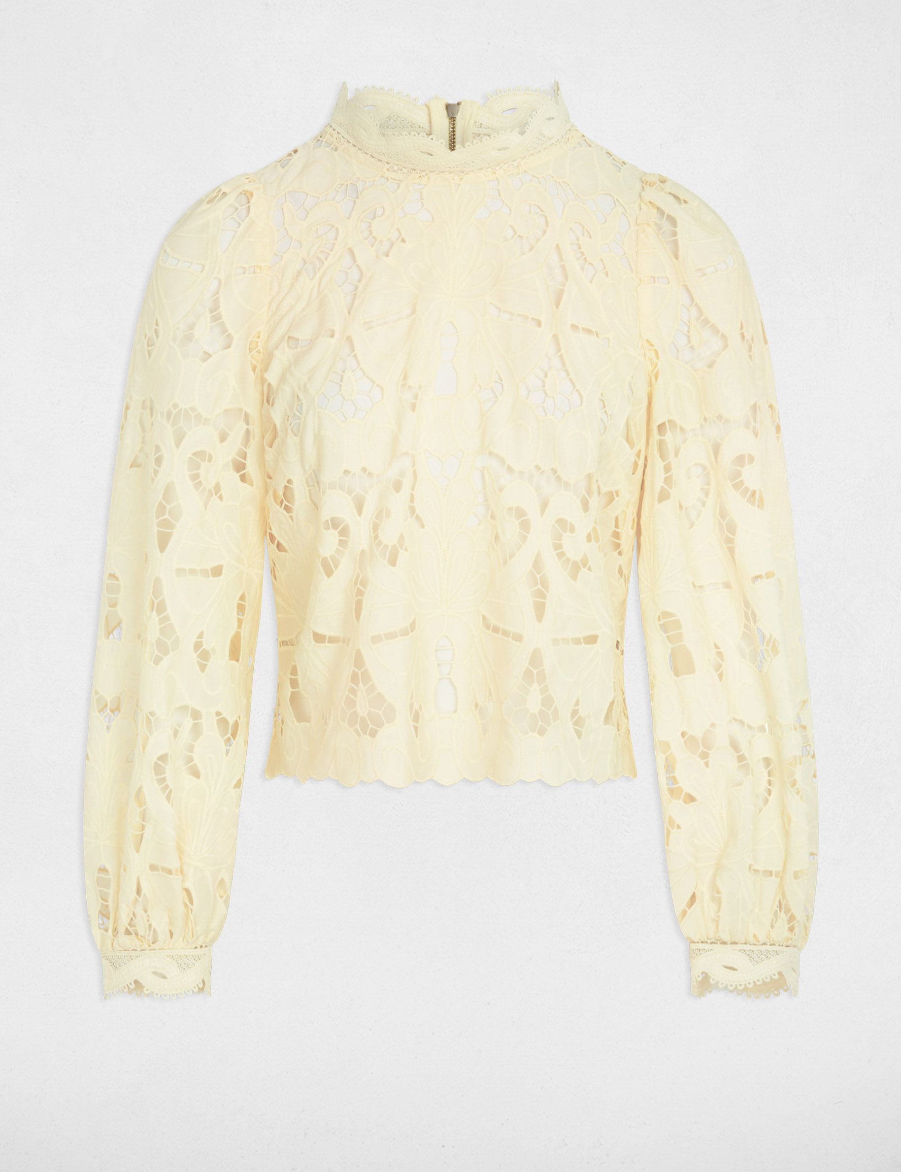 Blouse met borduursel en hoge kraag pastel geel vrouw