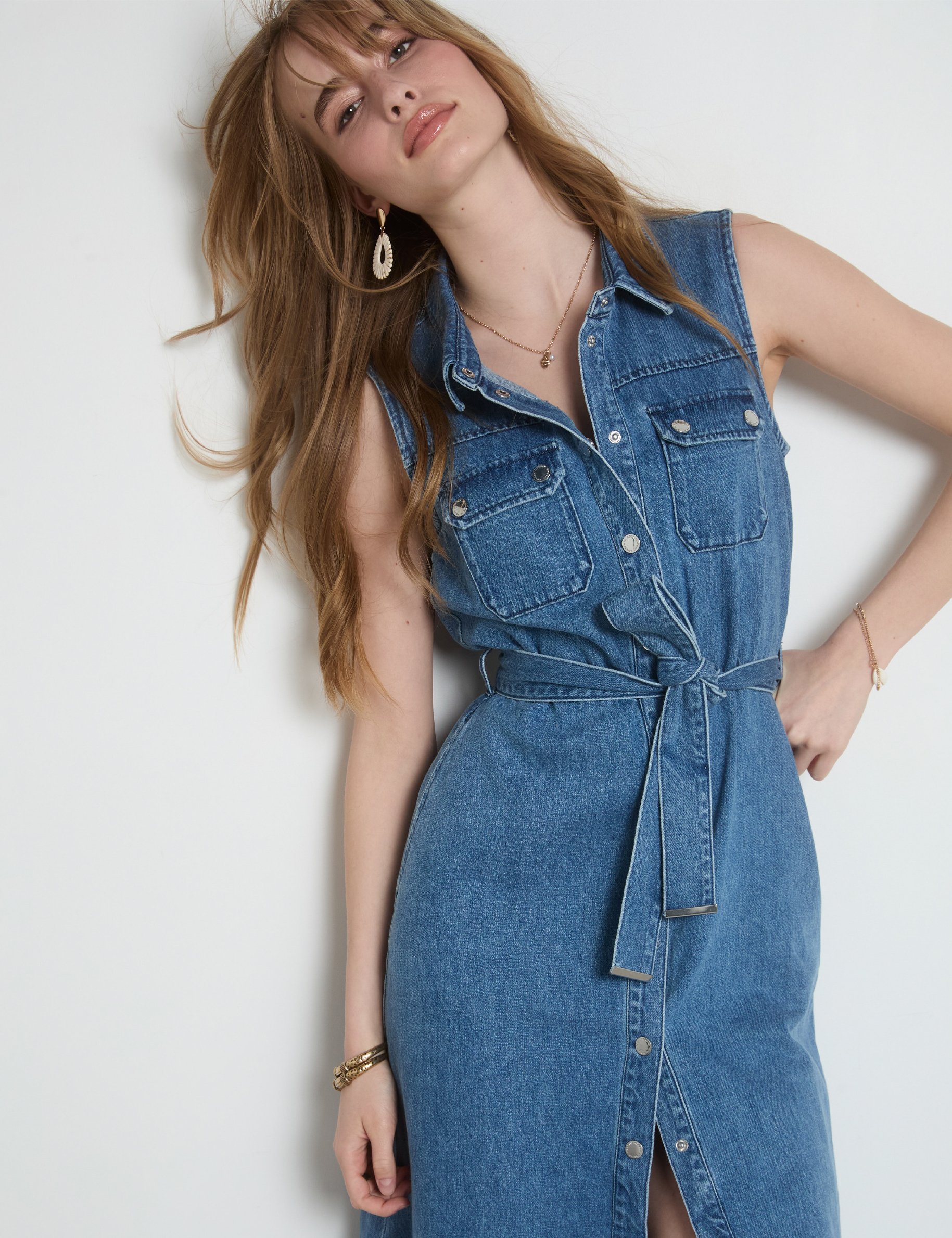 robe midi trapeze en jean denim stone femme Robe midi trapèze en jean denim stone femme