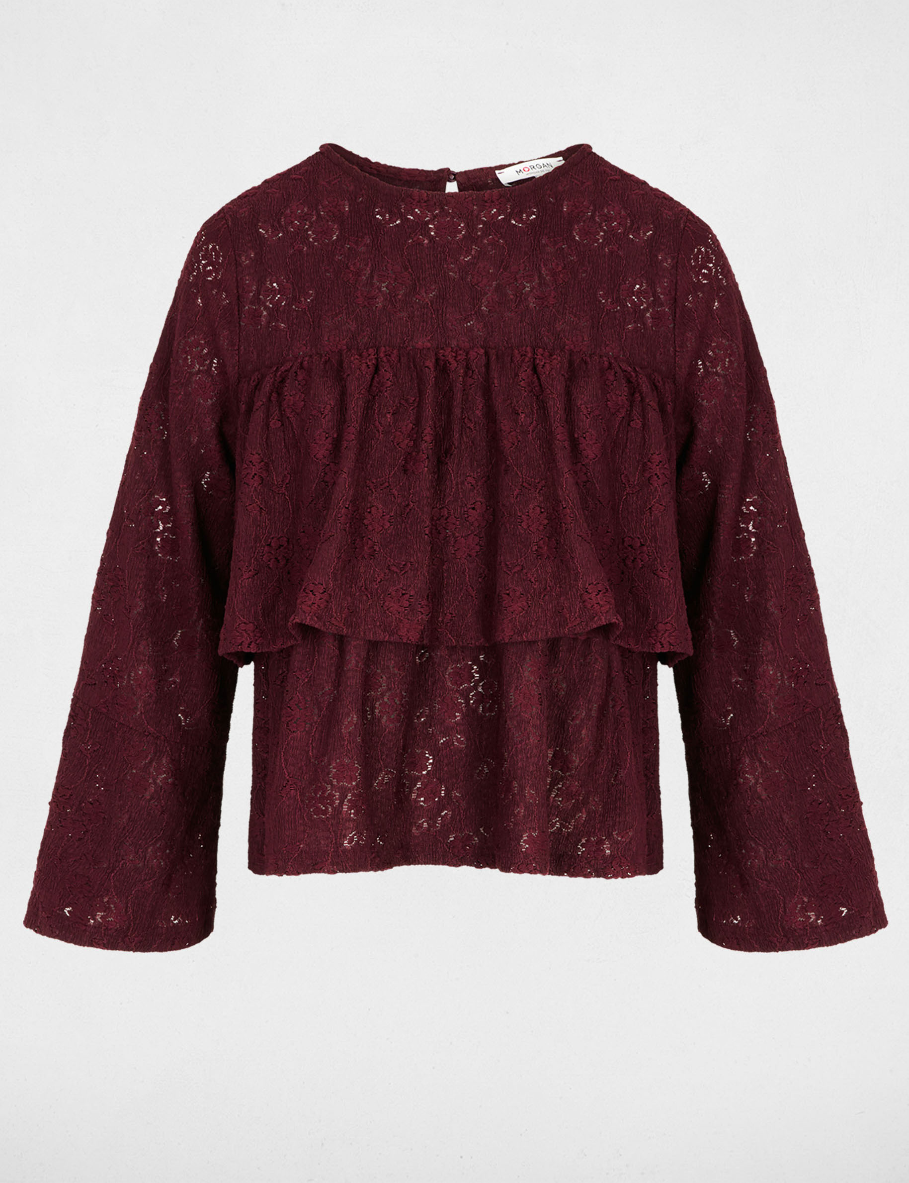 Kant t-shirt met ruches bordeaux vrouw