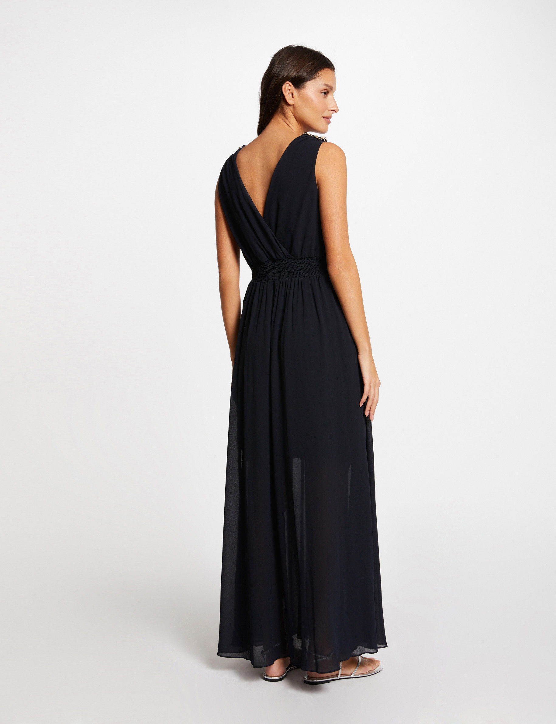 Robe longue cintrée dos en V marine femme
