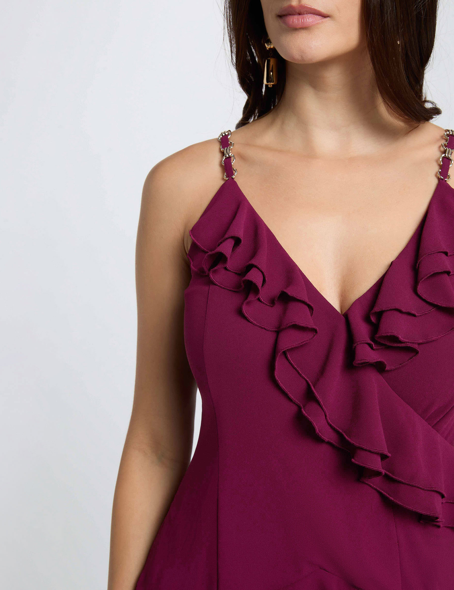 Robe courte col v prune femme