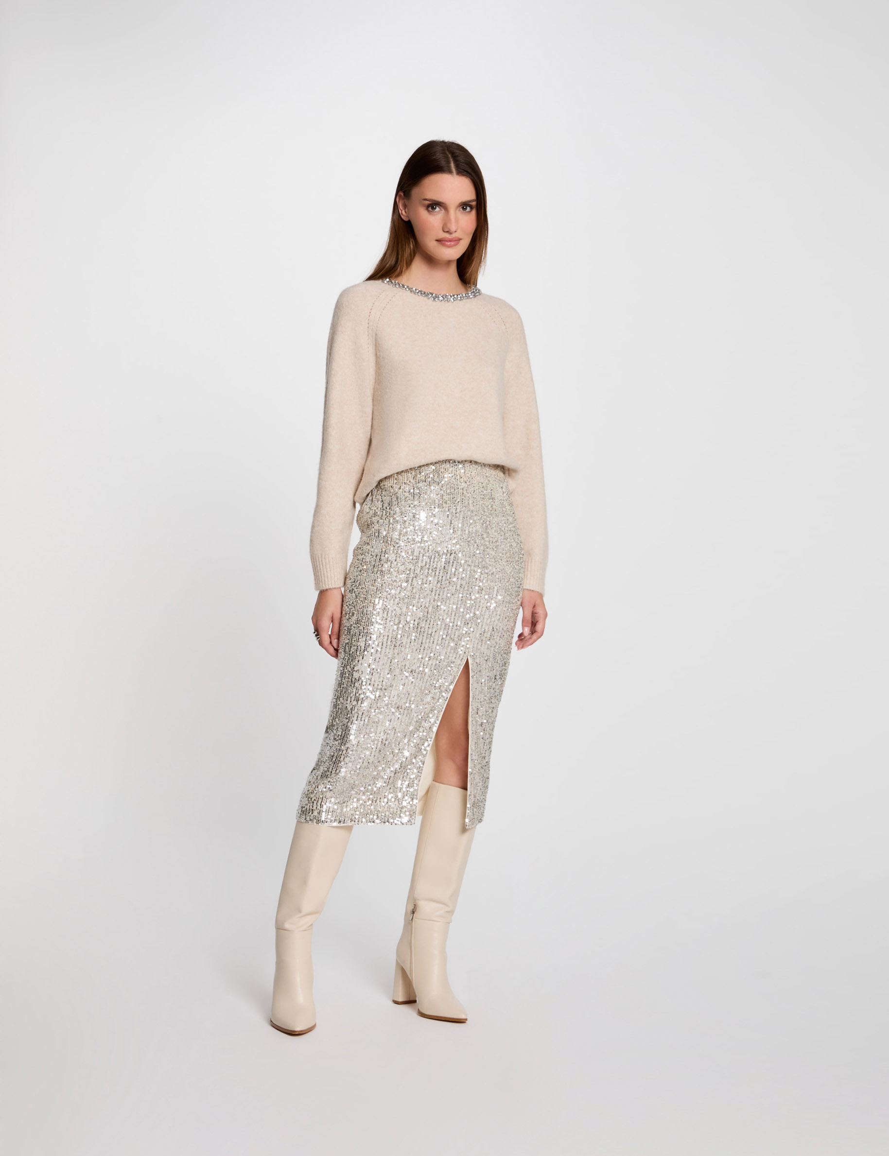 pull col bateau details bijoux beige femme Pull col bateau détails bijoux beige femme