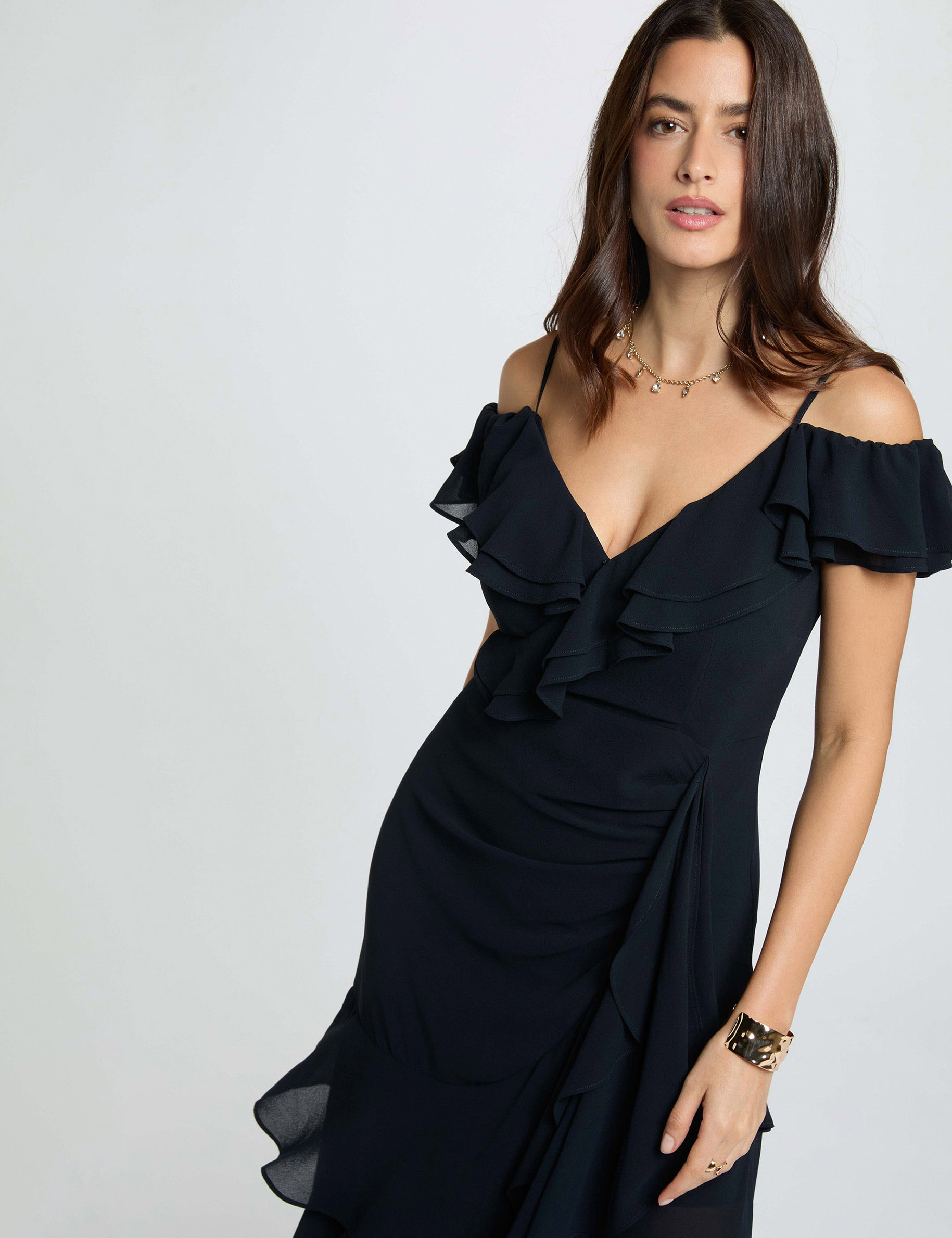 Rechte midi-jurk met ruches marineblauw vrouw