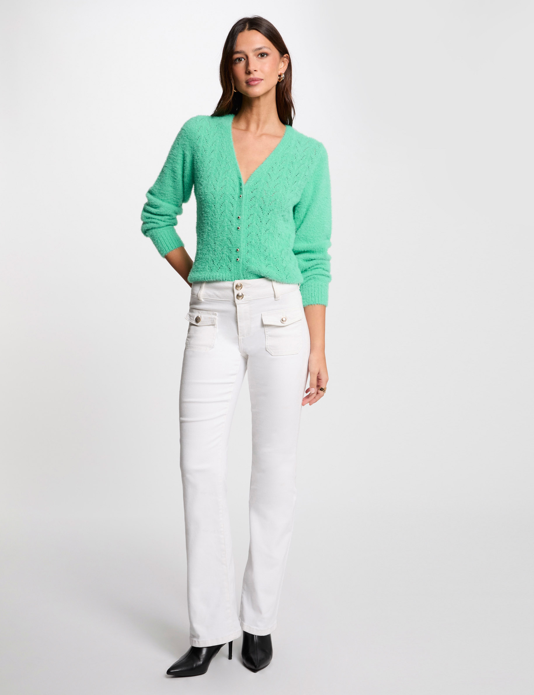 gilet manches longues a details ajoures vert menthe femme Gilet manches longues à détails ajourés vert menthe femme