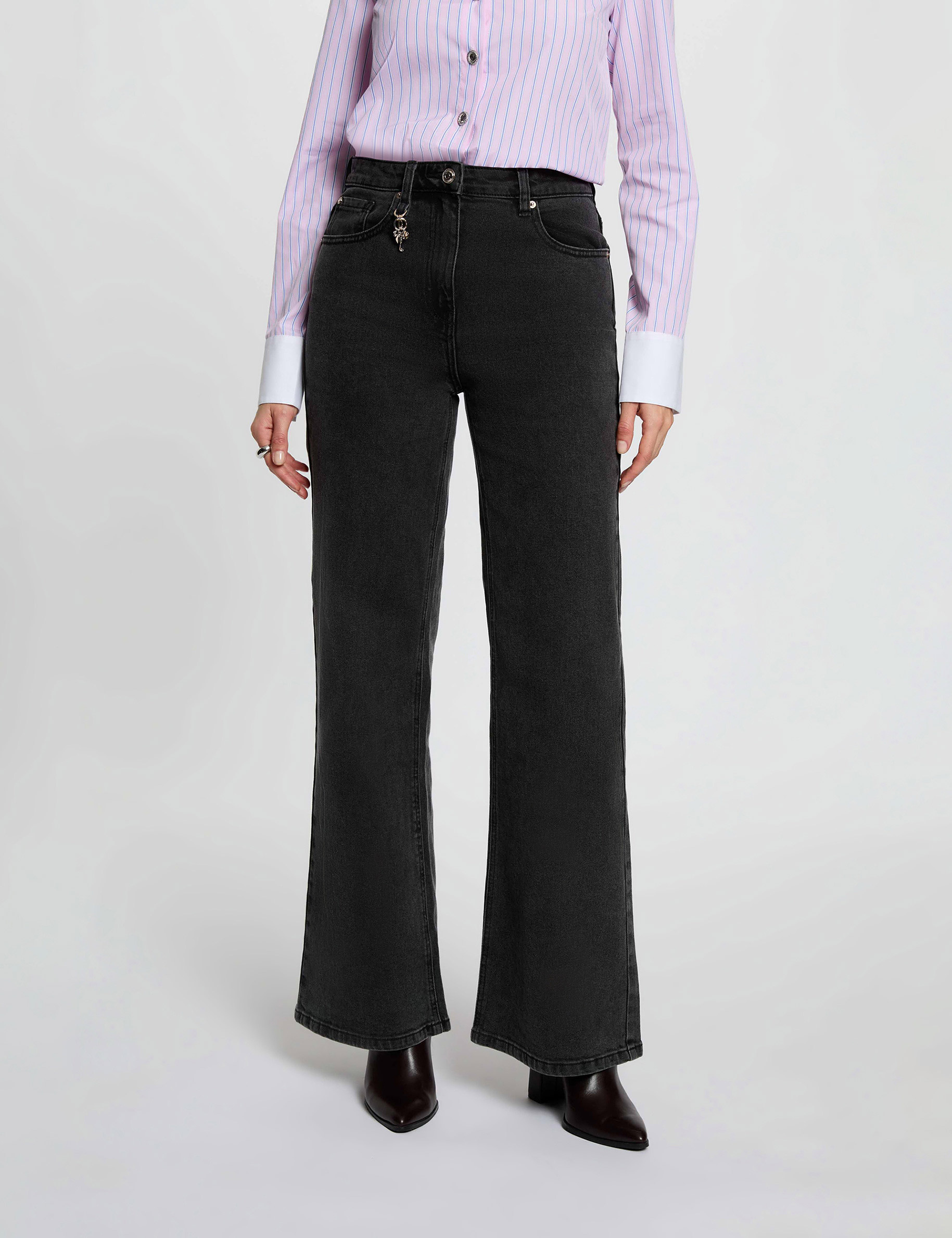 High-waist wijde broek denim zwart vrouw