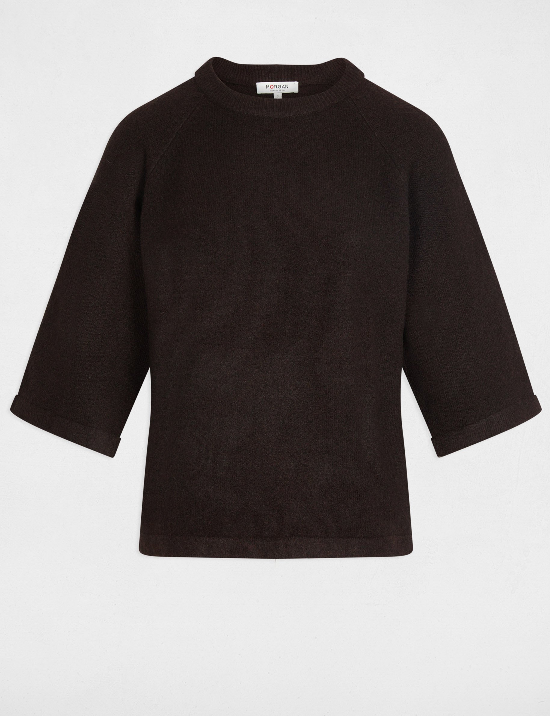 Pull manches 3/4 oversize marron fonc&eacute; femme