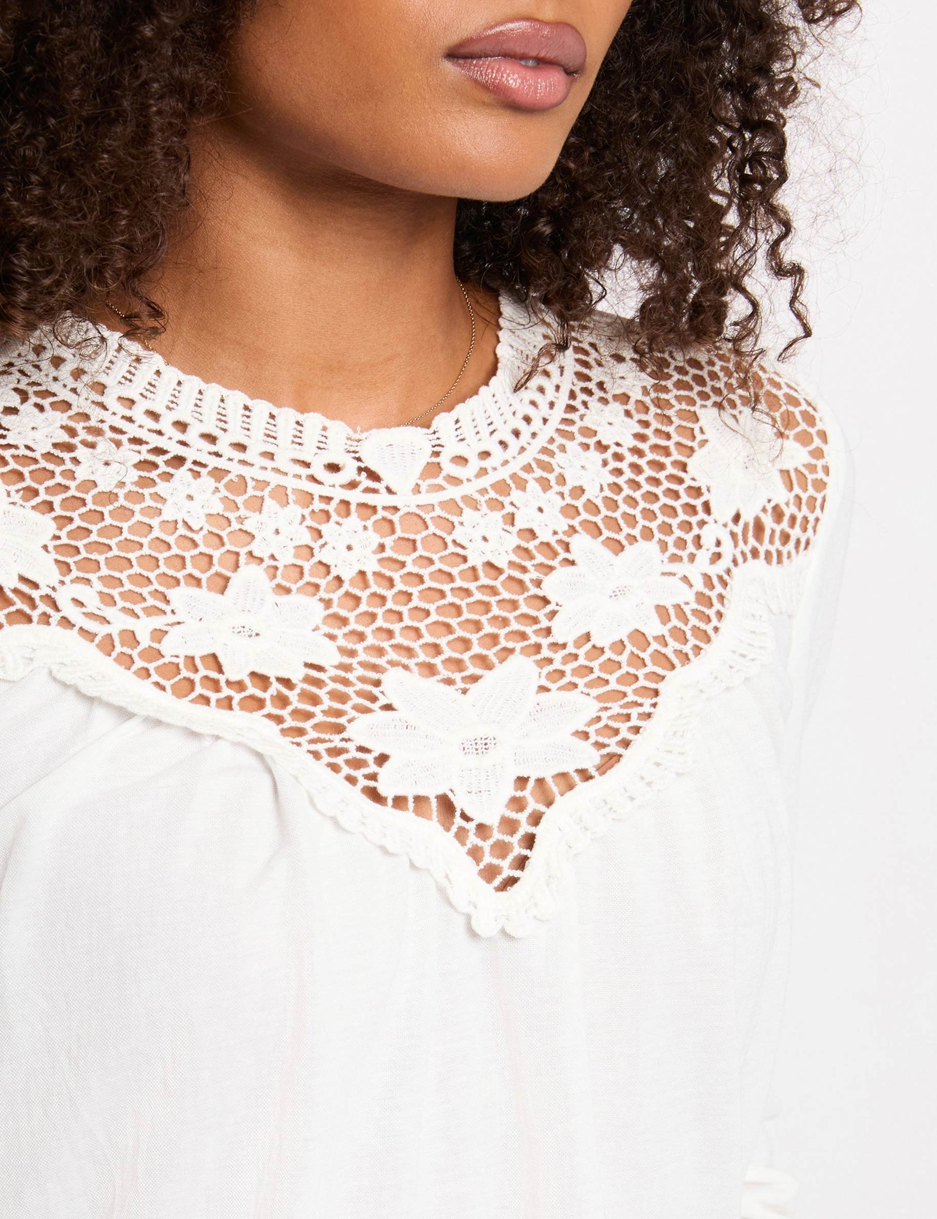 T-shirt dentelle manches longues blanc femme