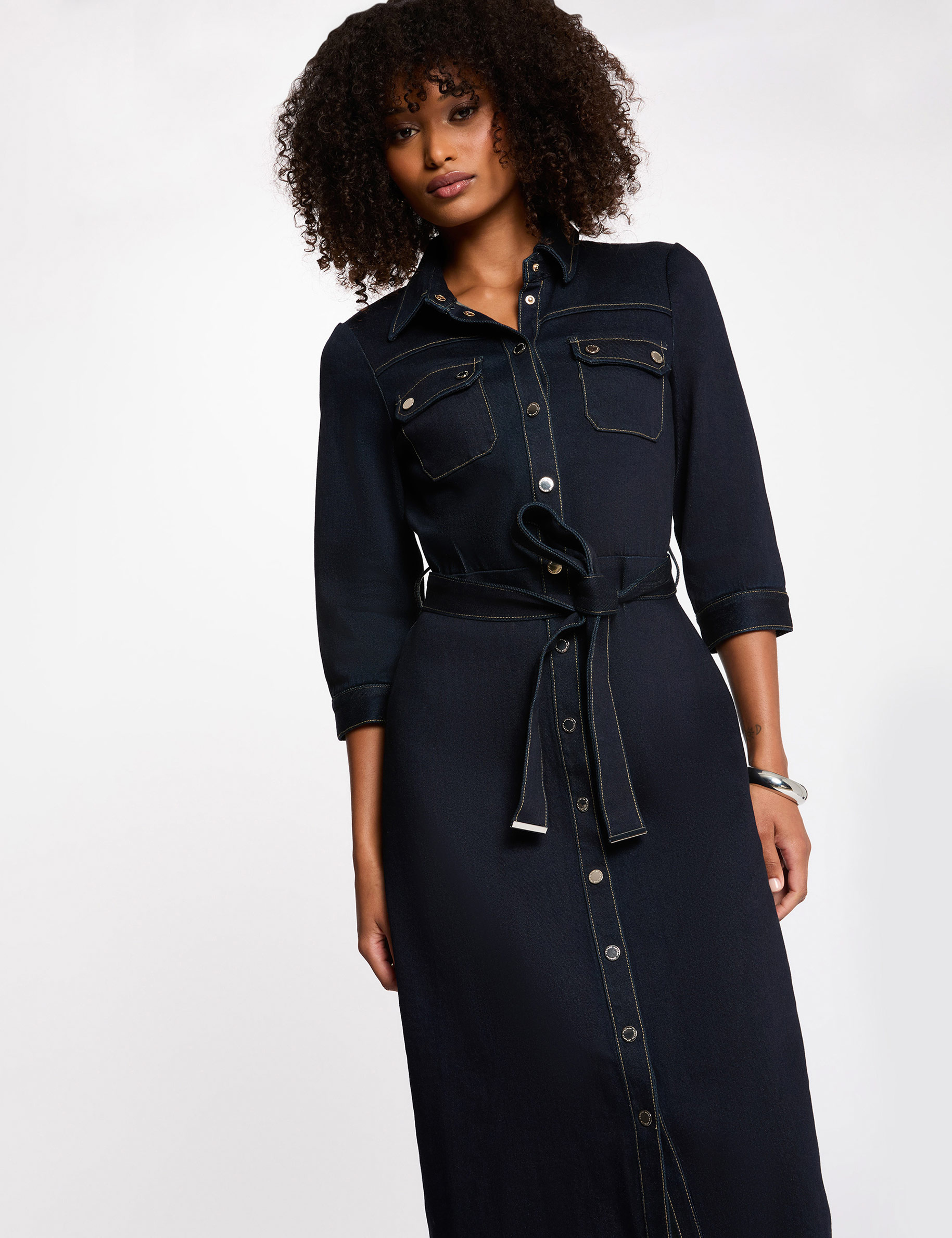 3/4 jurk met knopen ruw denim vrouw