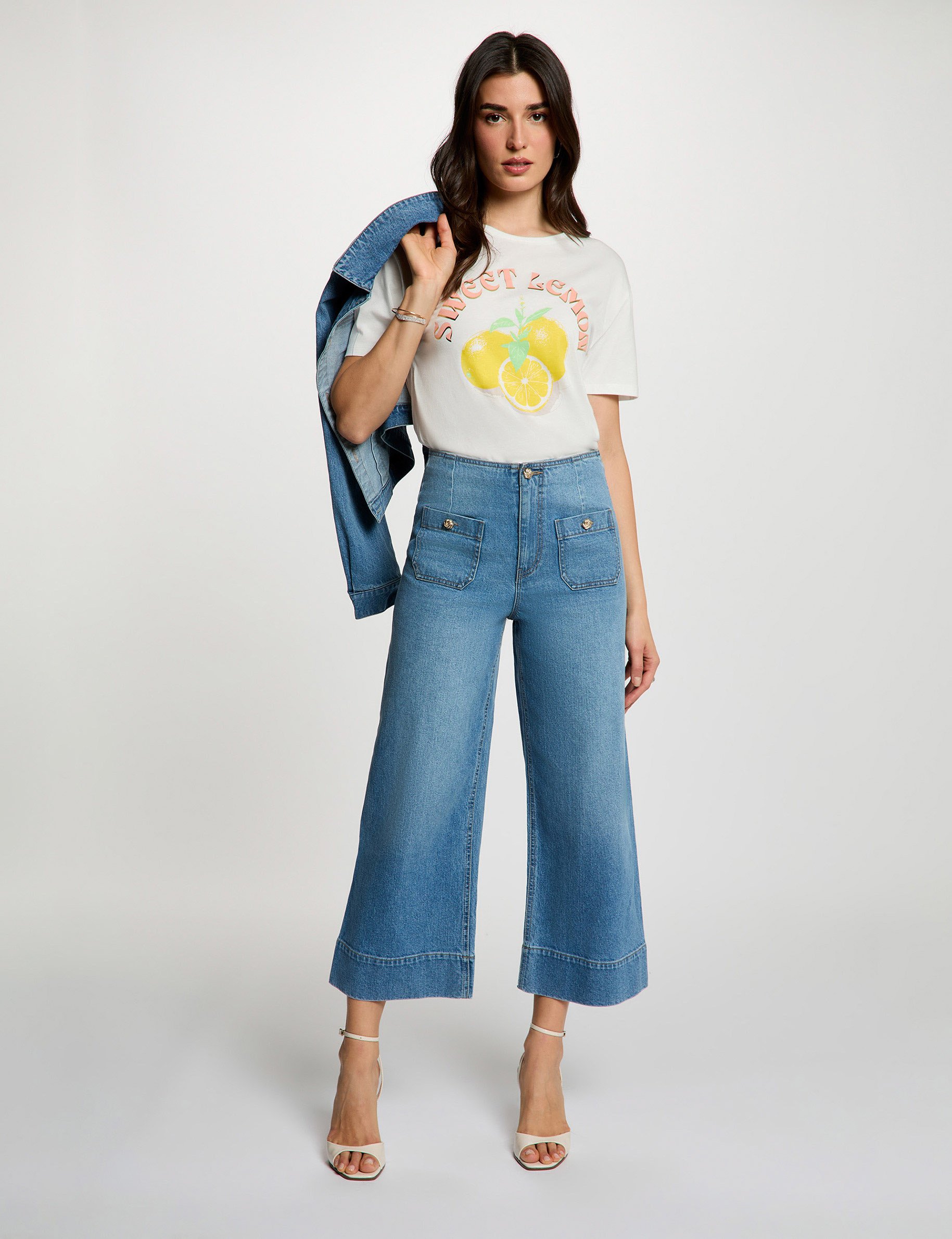 T-shirt imprim&eacute; col rond blanc femme