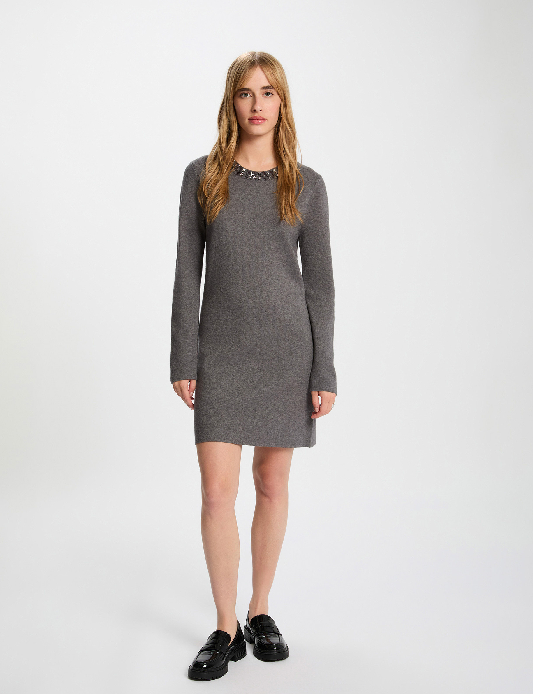 Robe tricot col rond gris fonc&eacute; femme