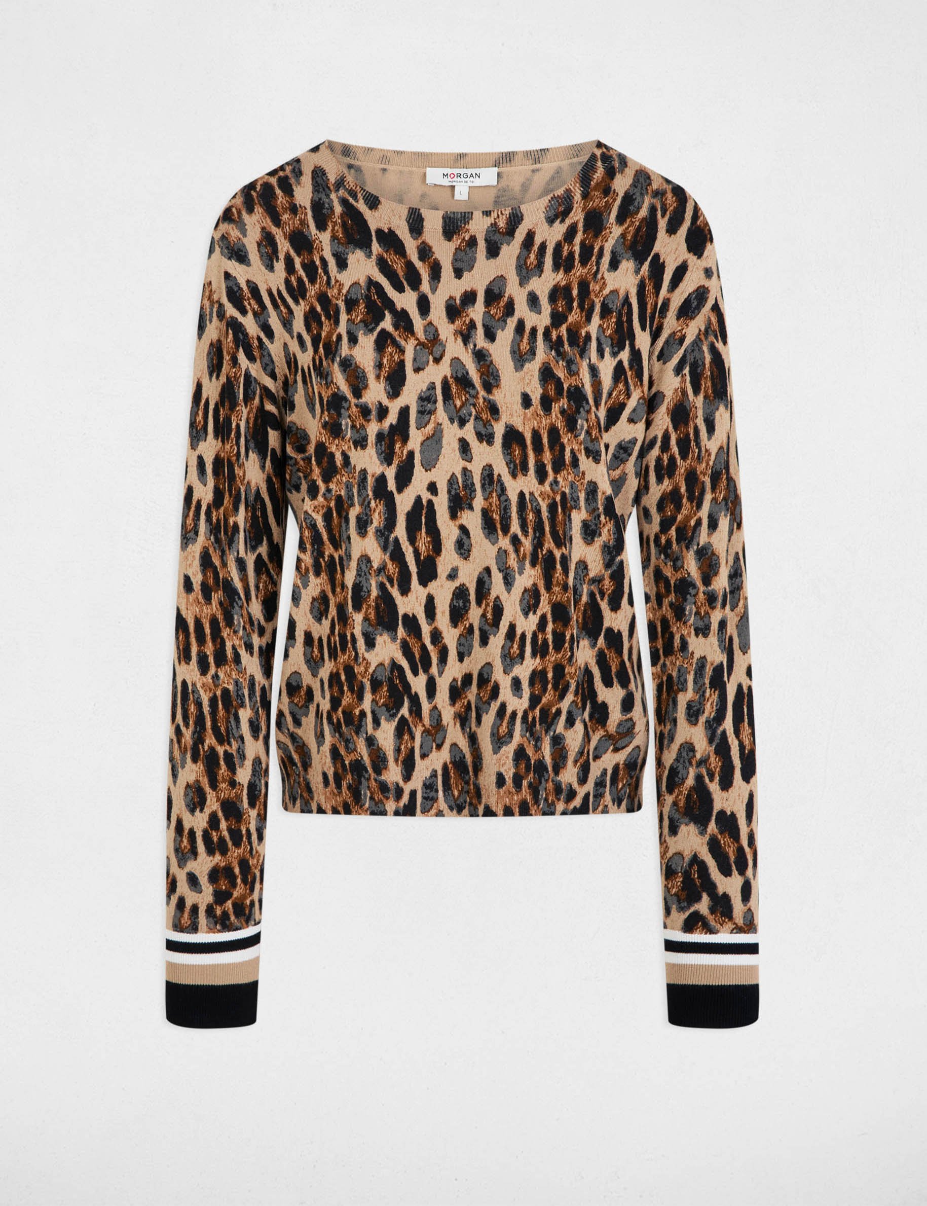 pull col rond imprime leopard multicolore femme Pull col rond imprimé léopard multicolore femme