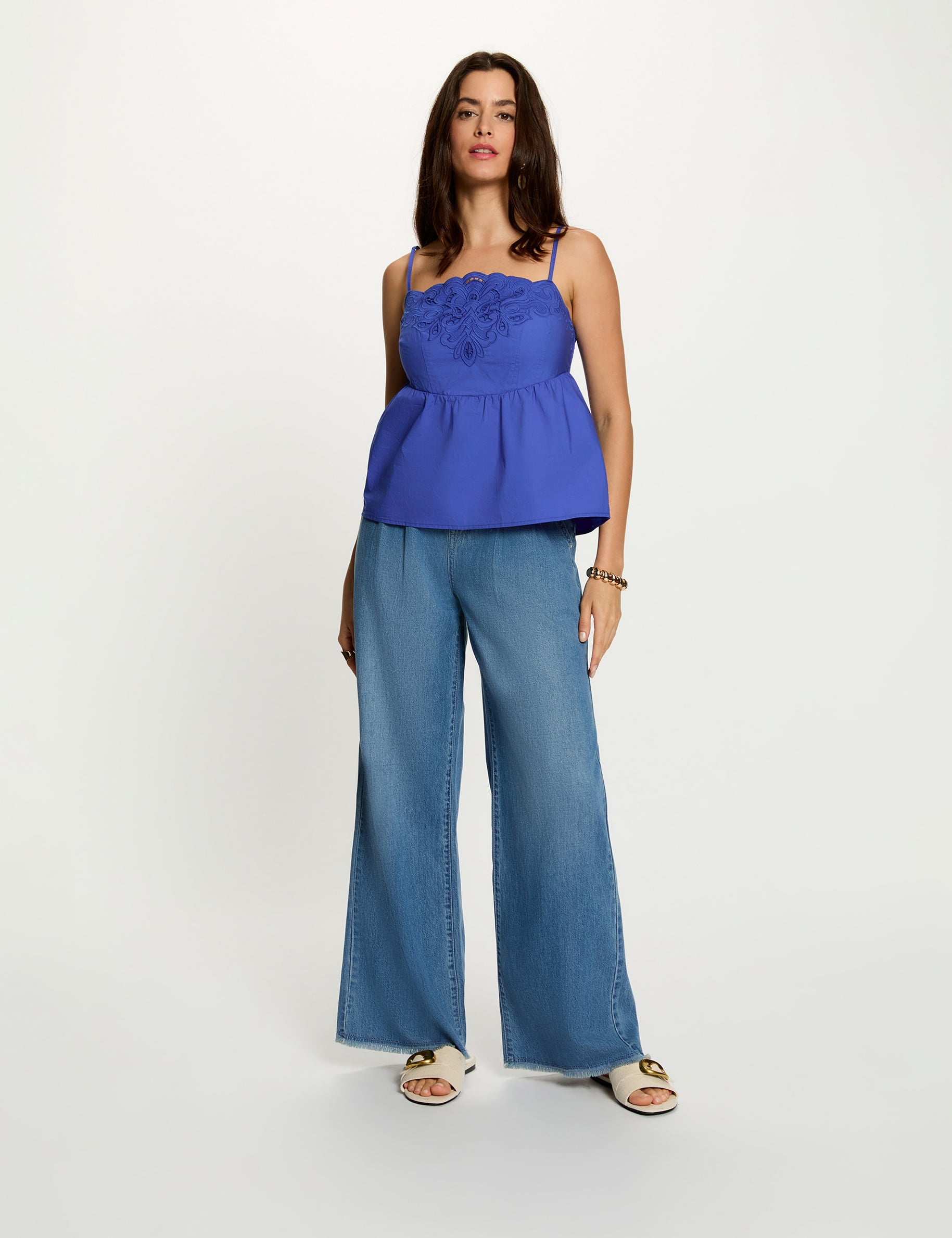 Jean large taille haute denim bleach femme