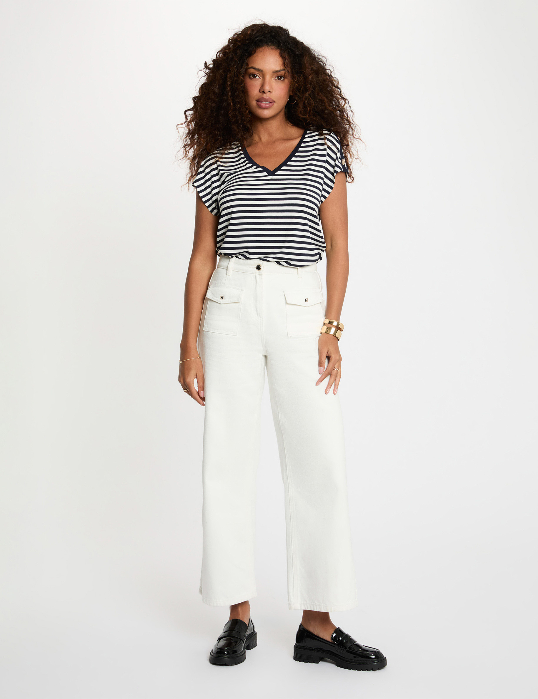 Gestreept V-hals T-shirt marineblauw vrouw