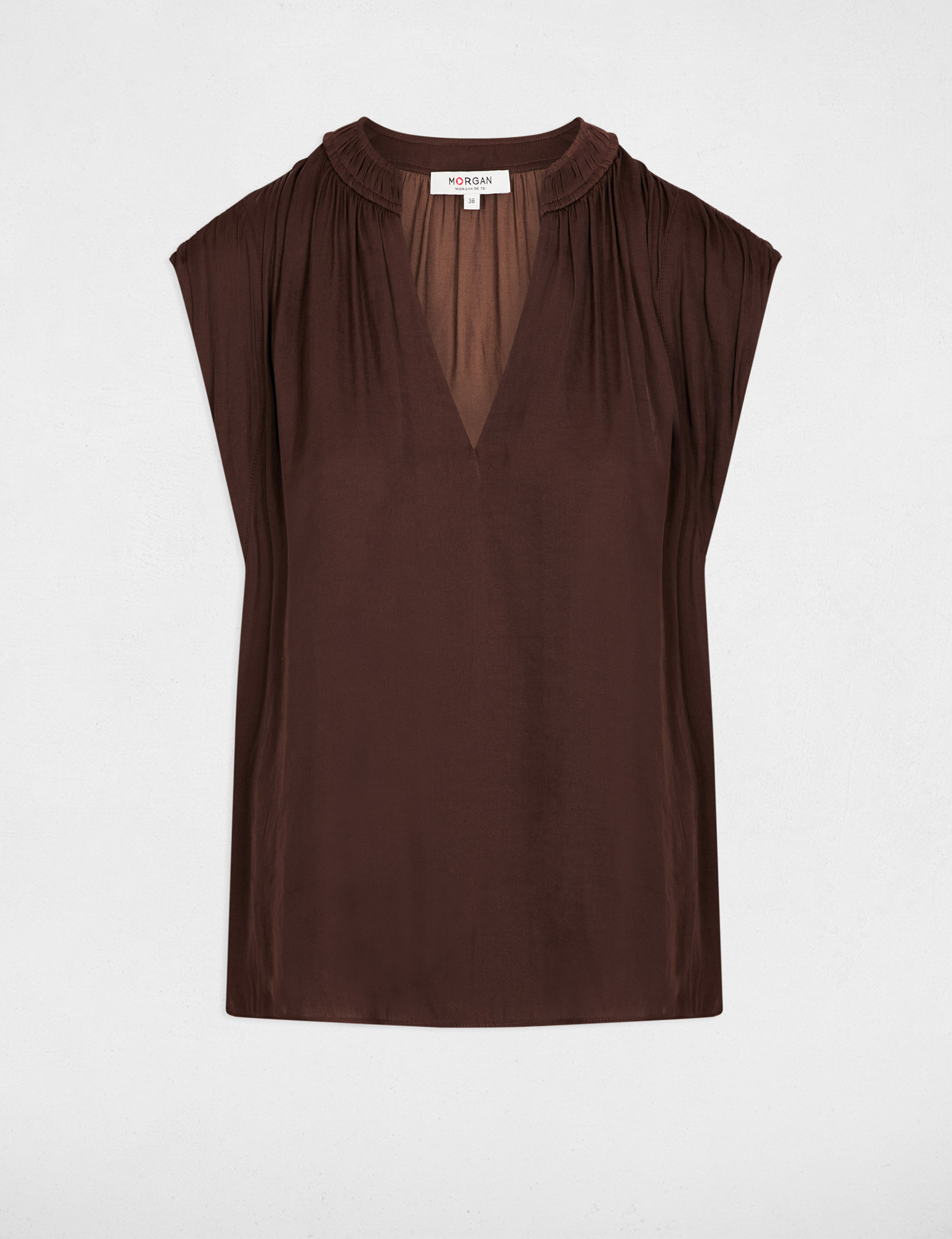 Blouse manches courtes satin marron fonc&eacute; femme