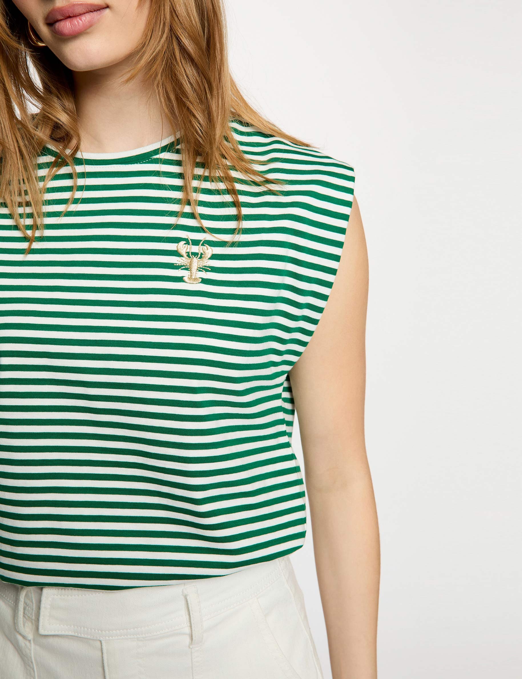 Gestreept geborduurd T-shirt weide groen vrouw