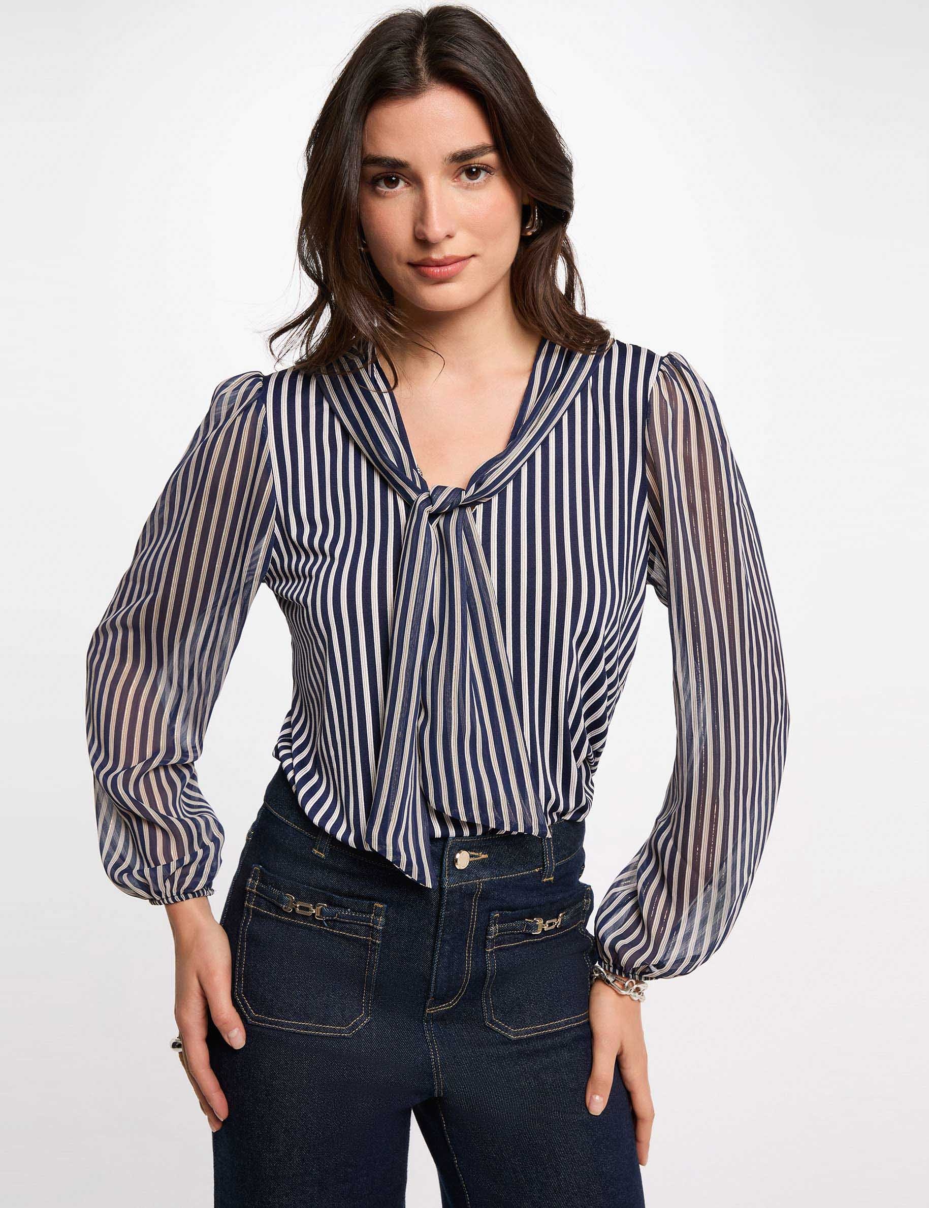 T-shirt col lavalli&egrave;re blanc femme