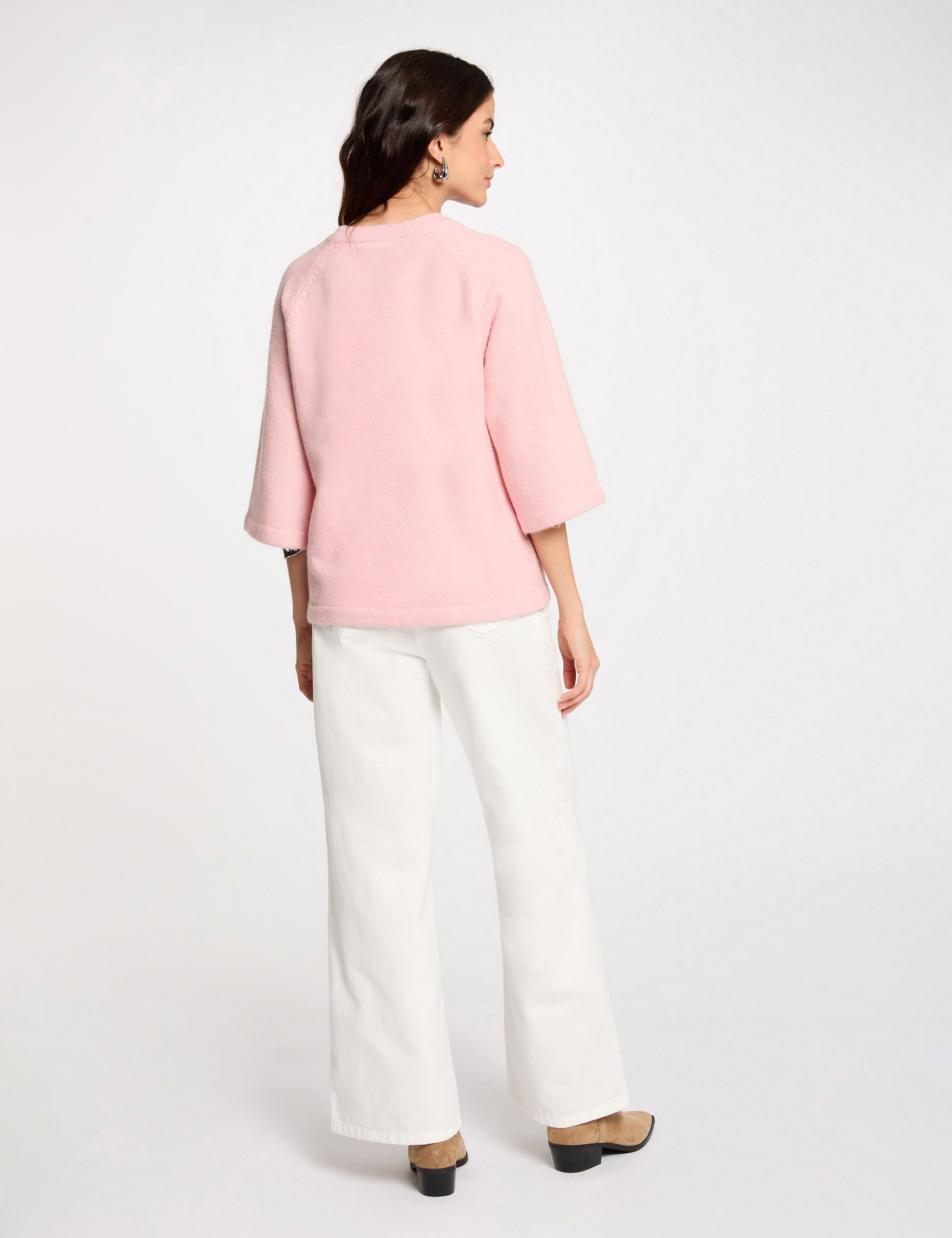pull manches 34 oversize rose poudree femme Pull manches 3/4 oversize rose poudrée femme