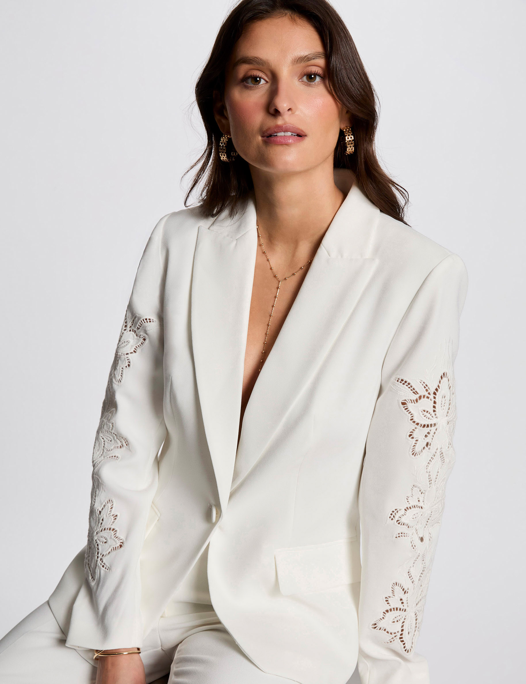 blazer met kanten mouwen helder wit vrouw Blazer met kanten mouwen helder wit vrouw