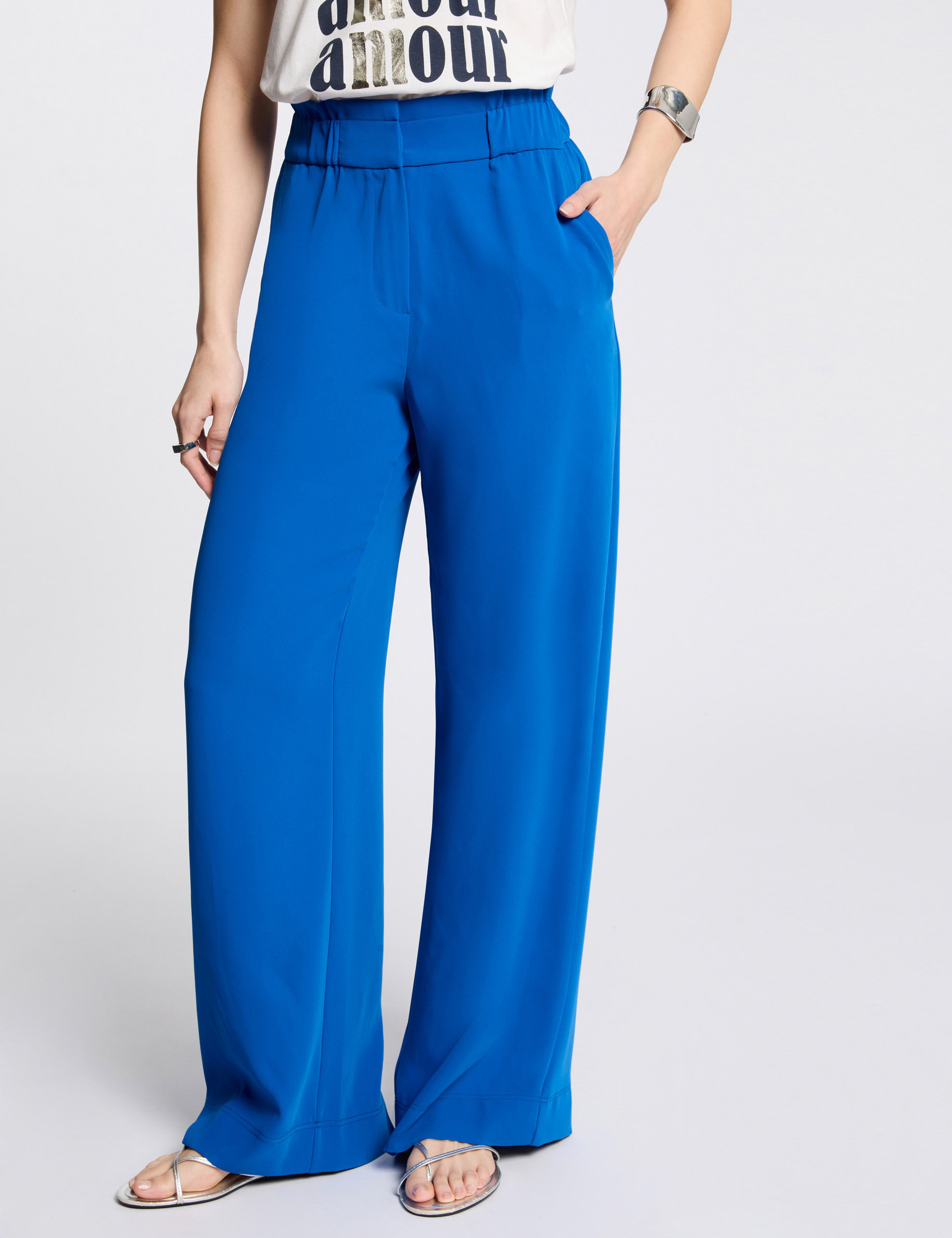 wijde broek met plooien bleu electrique vrouw Wijde broek met plooien bleu electrique vrouw