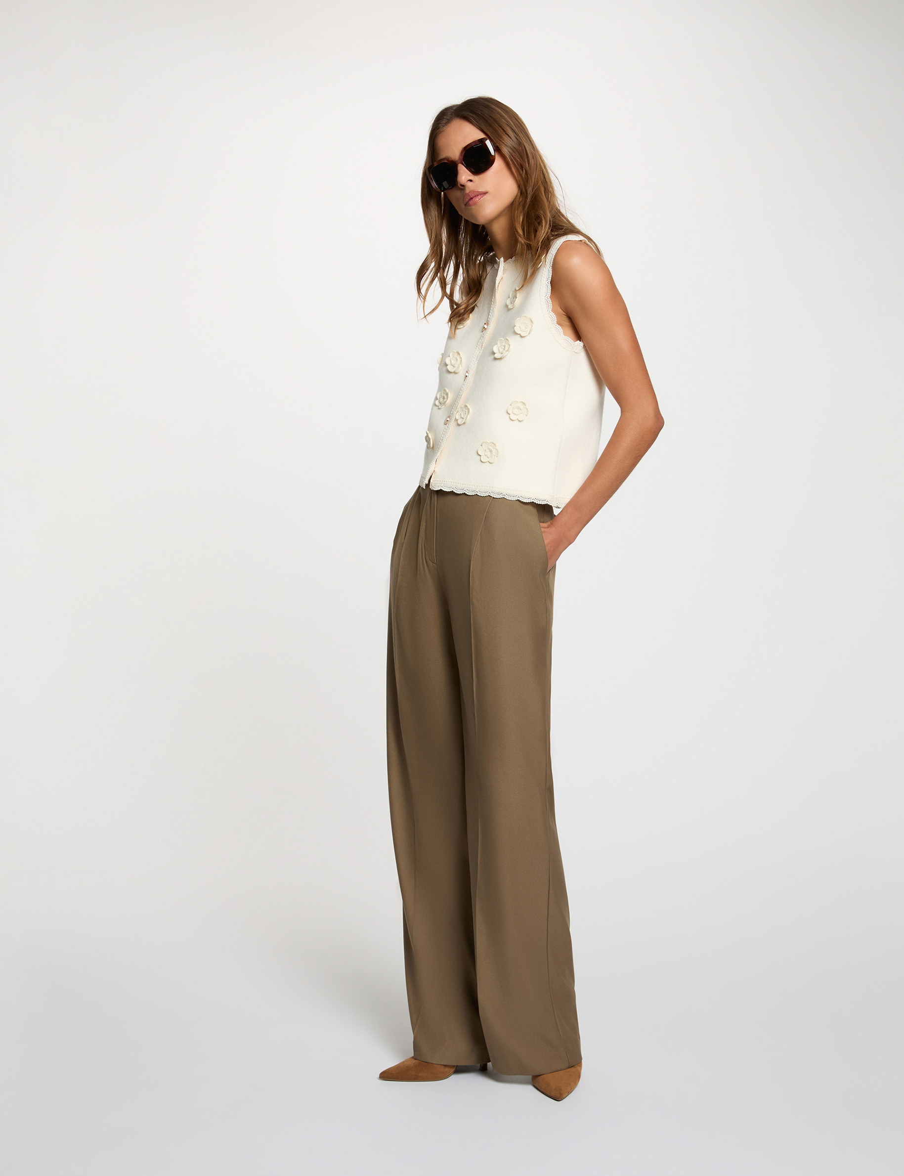 Pantalon large &agrave; plis vert kaki femme