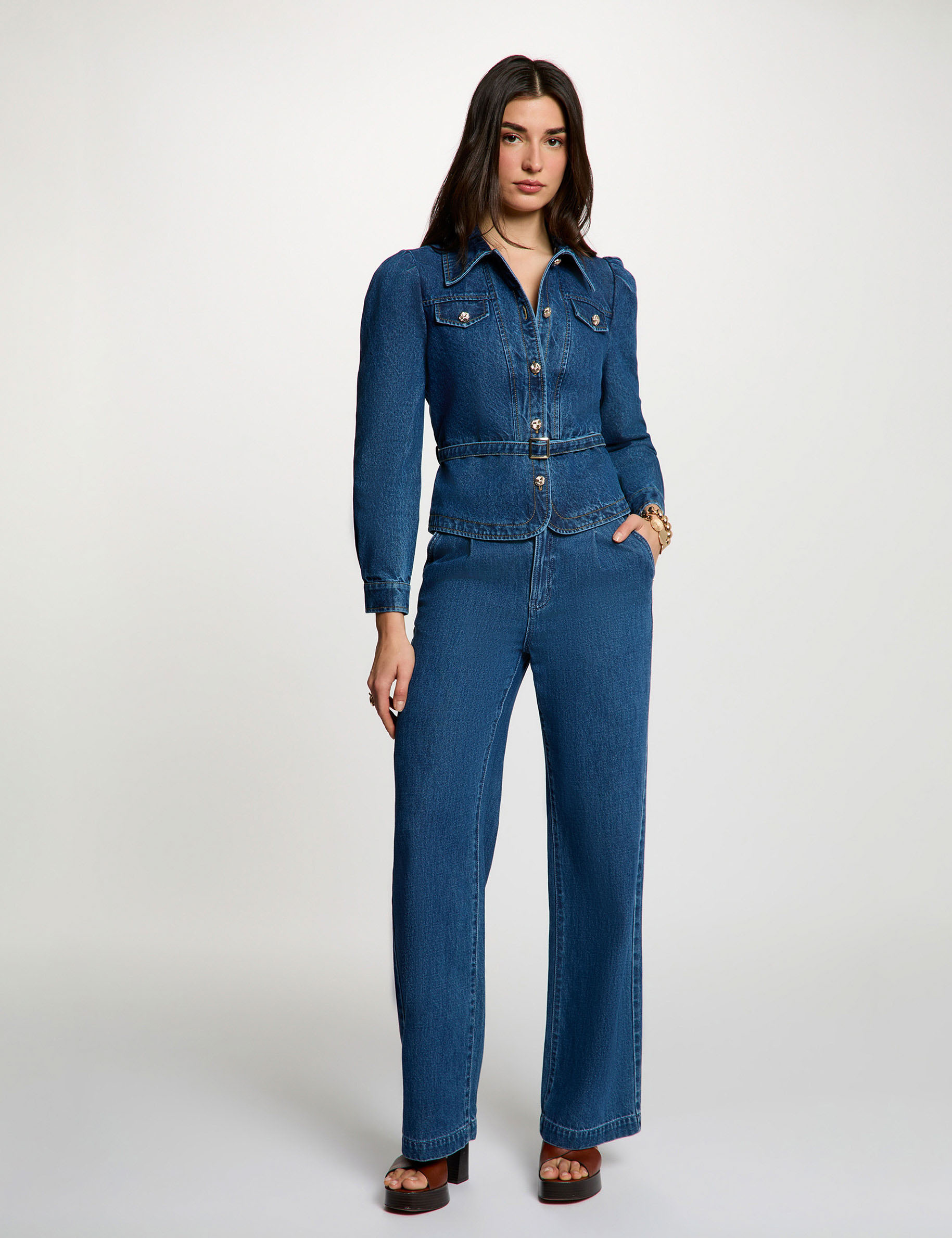Veste jean ceintur&eacute;e denim stone femme
