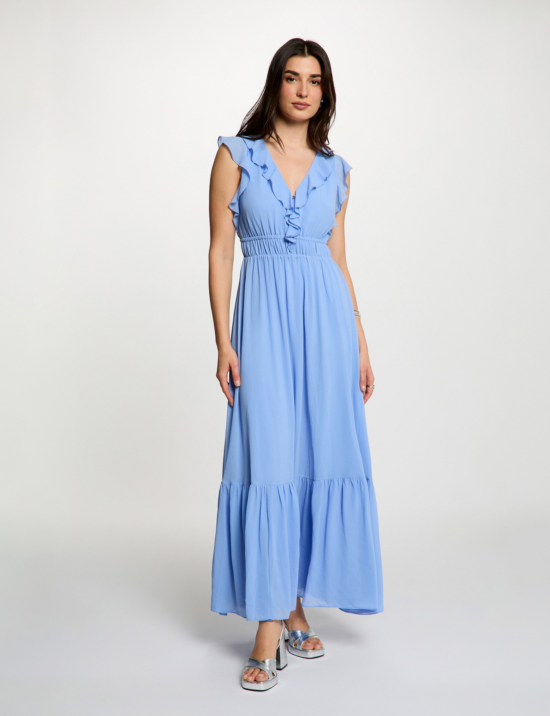 Robe longue col v bleu lavande femme