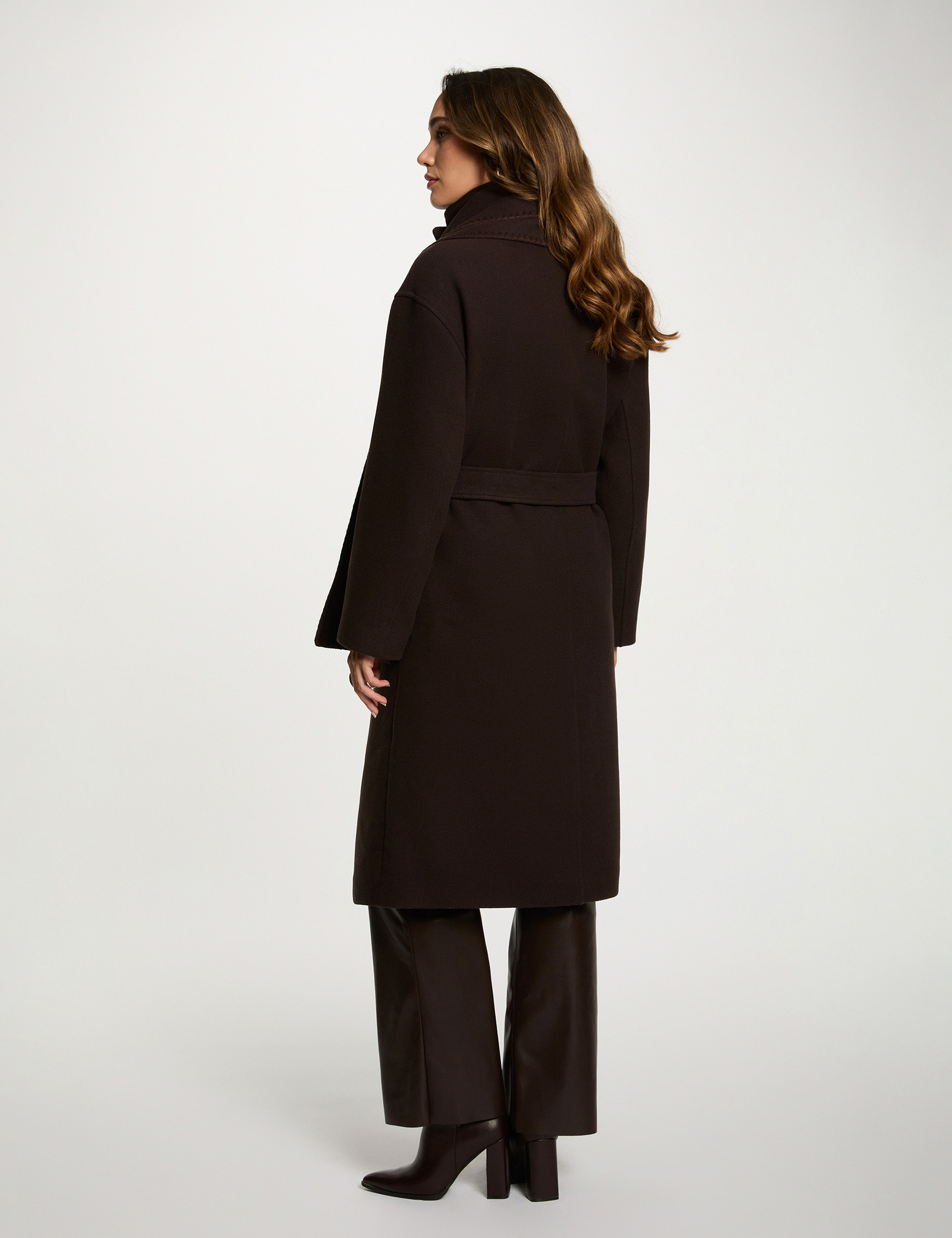 Manteau long col montant marron foncé femme