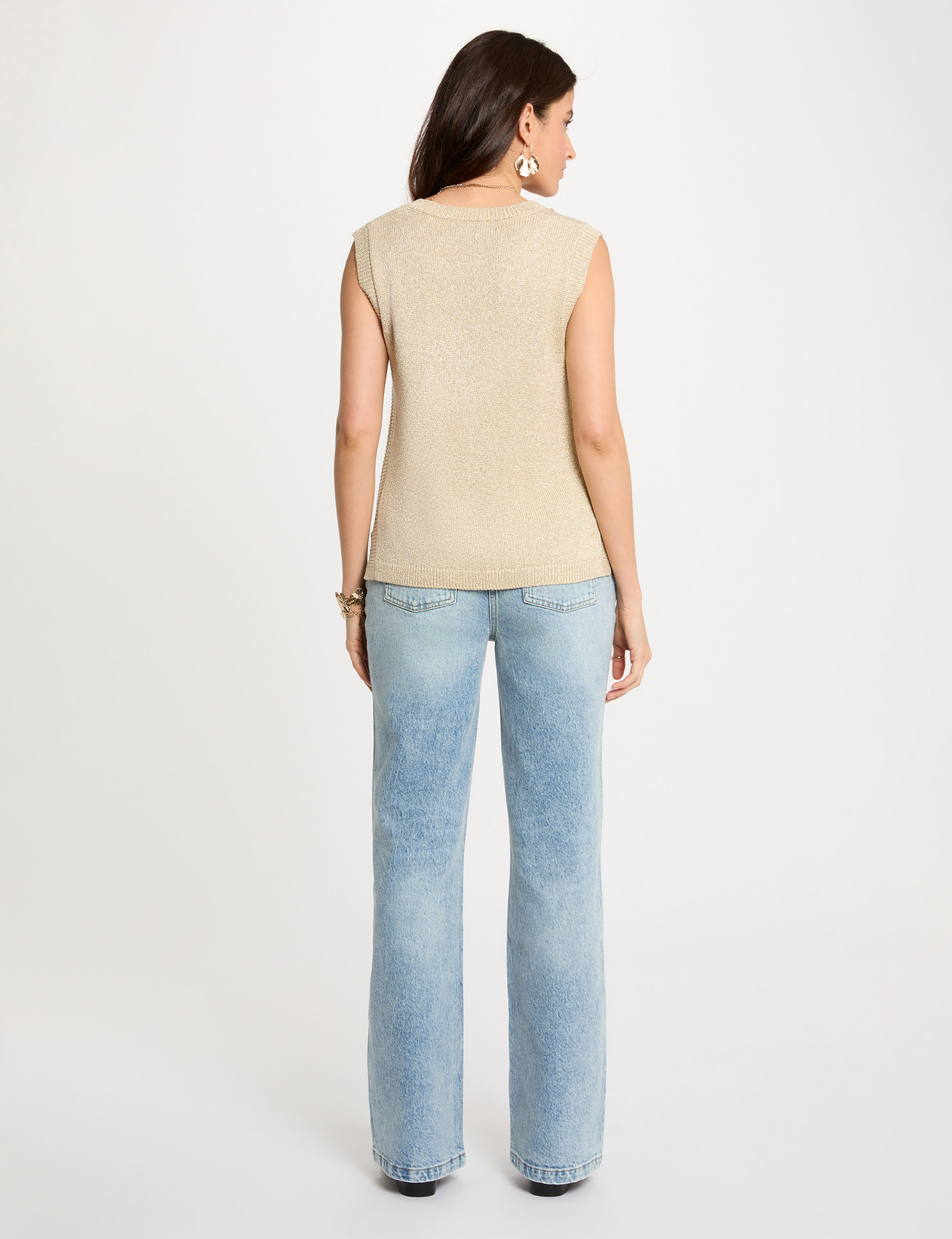 Pull sans manches col v couleur bronze femme