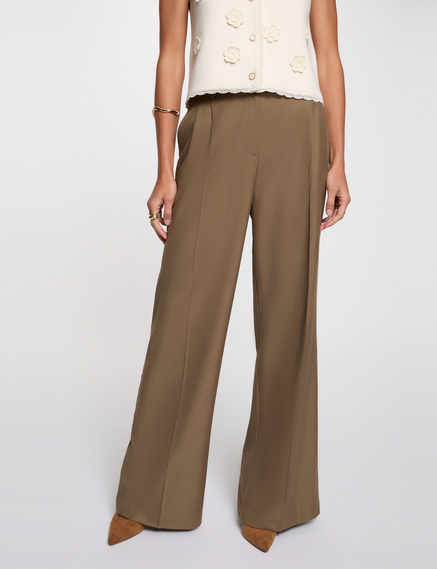 Pantalon large &agrave; plis vert kaki femme