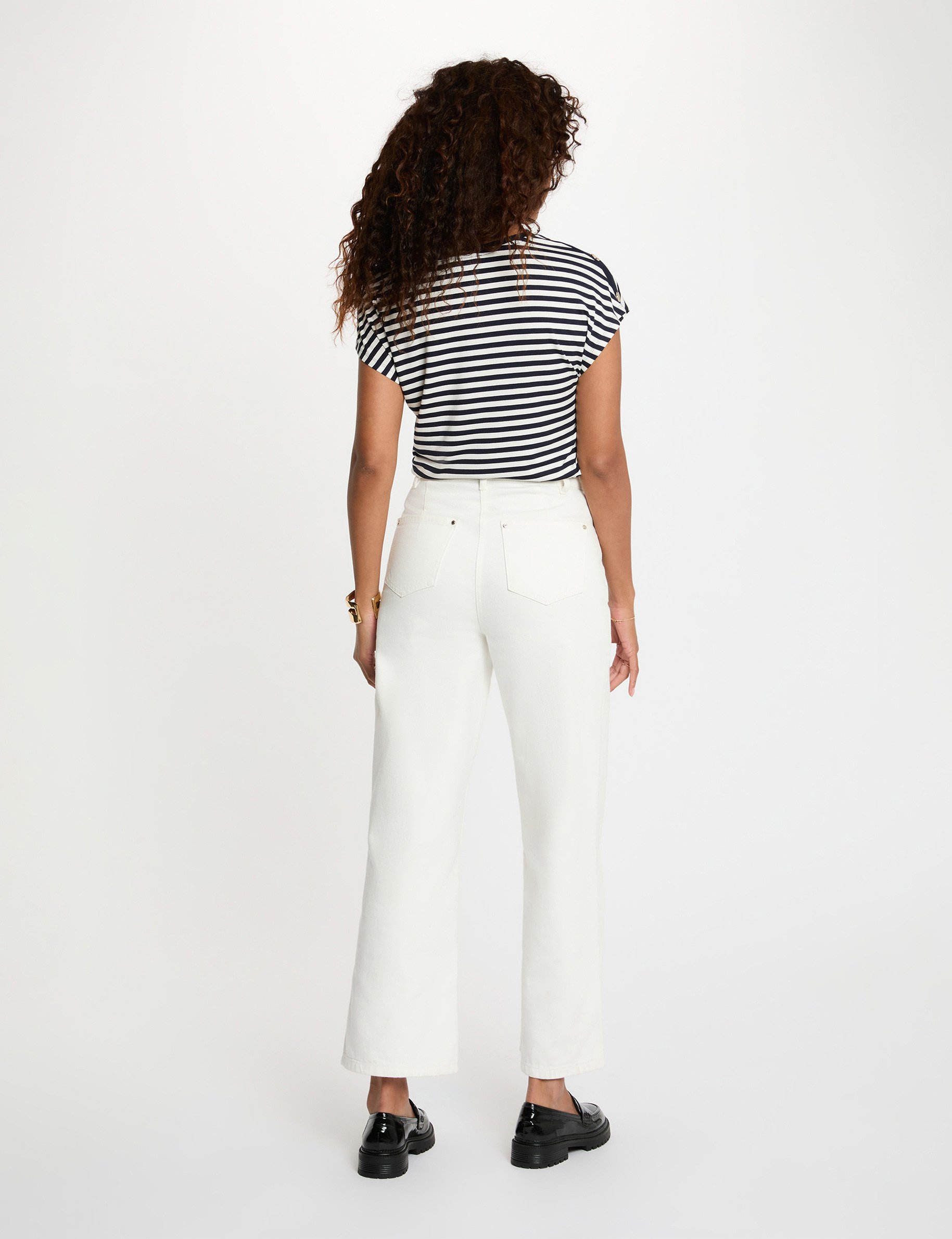 Gestreept V-hals T-shirt marineblauw vrouw