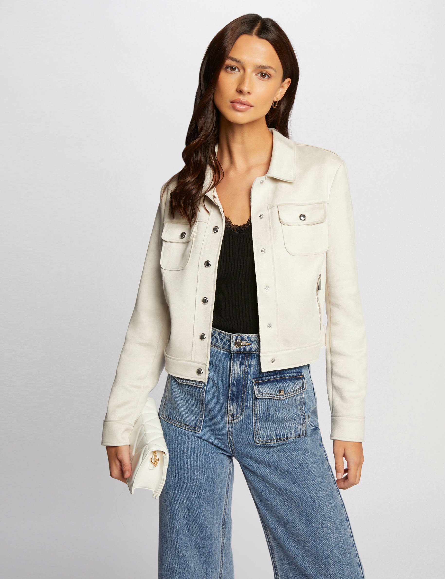 blouson suedine boutonne ecru femme Blouson suédine boutonné ecru femme