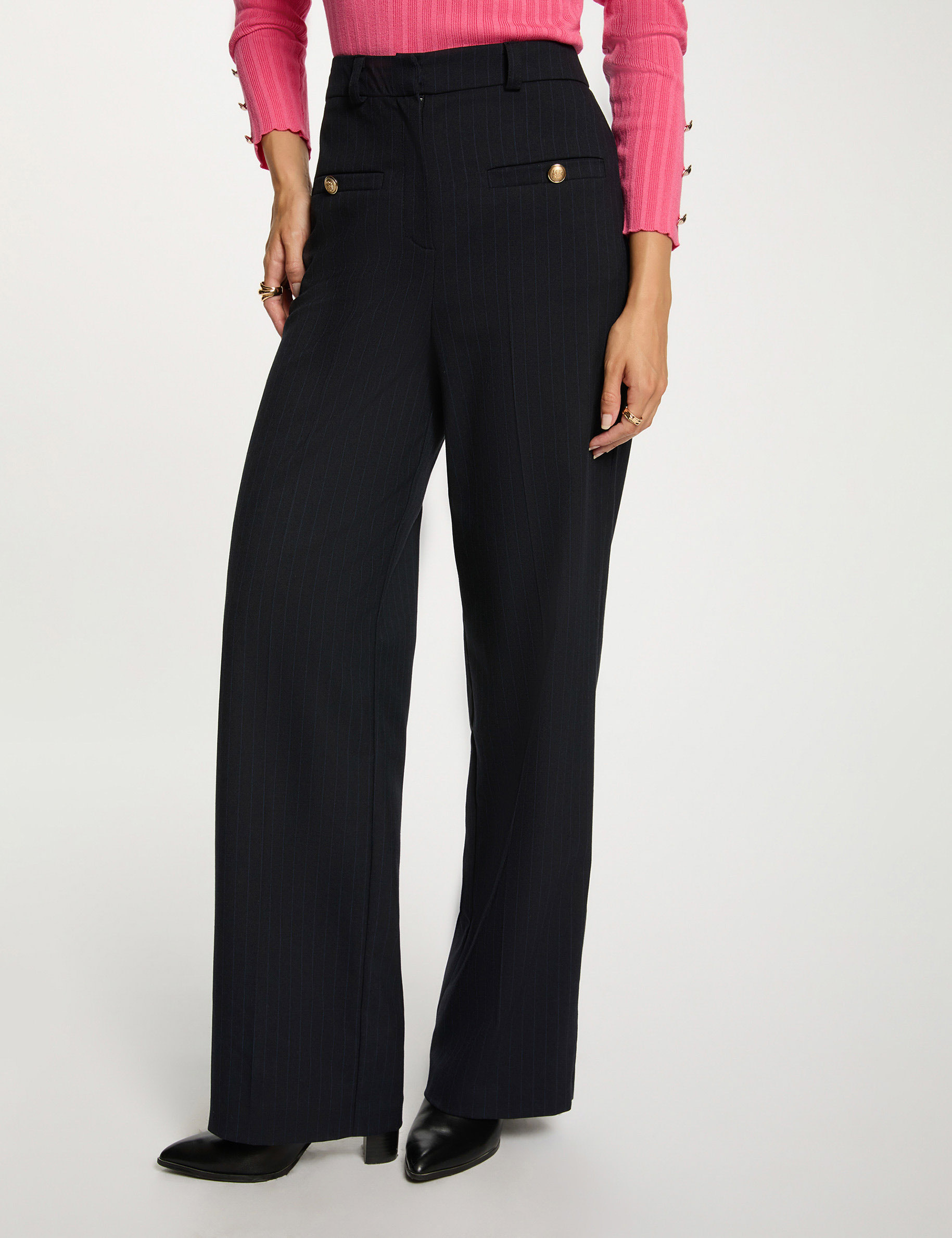 Pantalon droit taille haute bleu marine femme