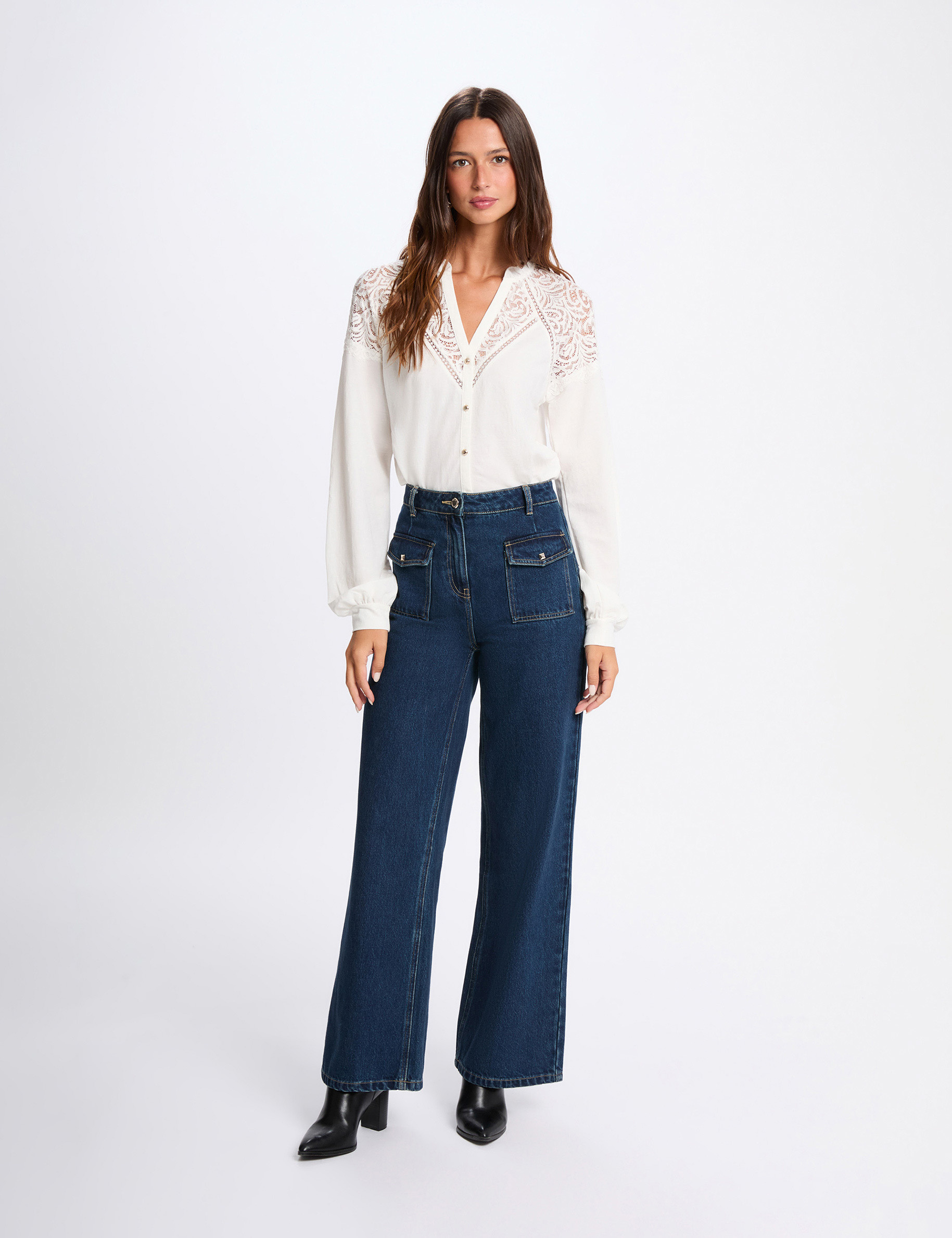 Kant T-shirt met V-hals helder wit vrouw