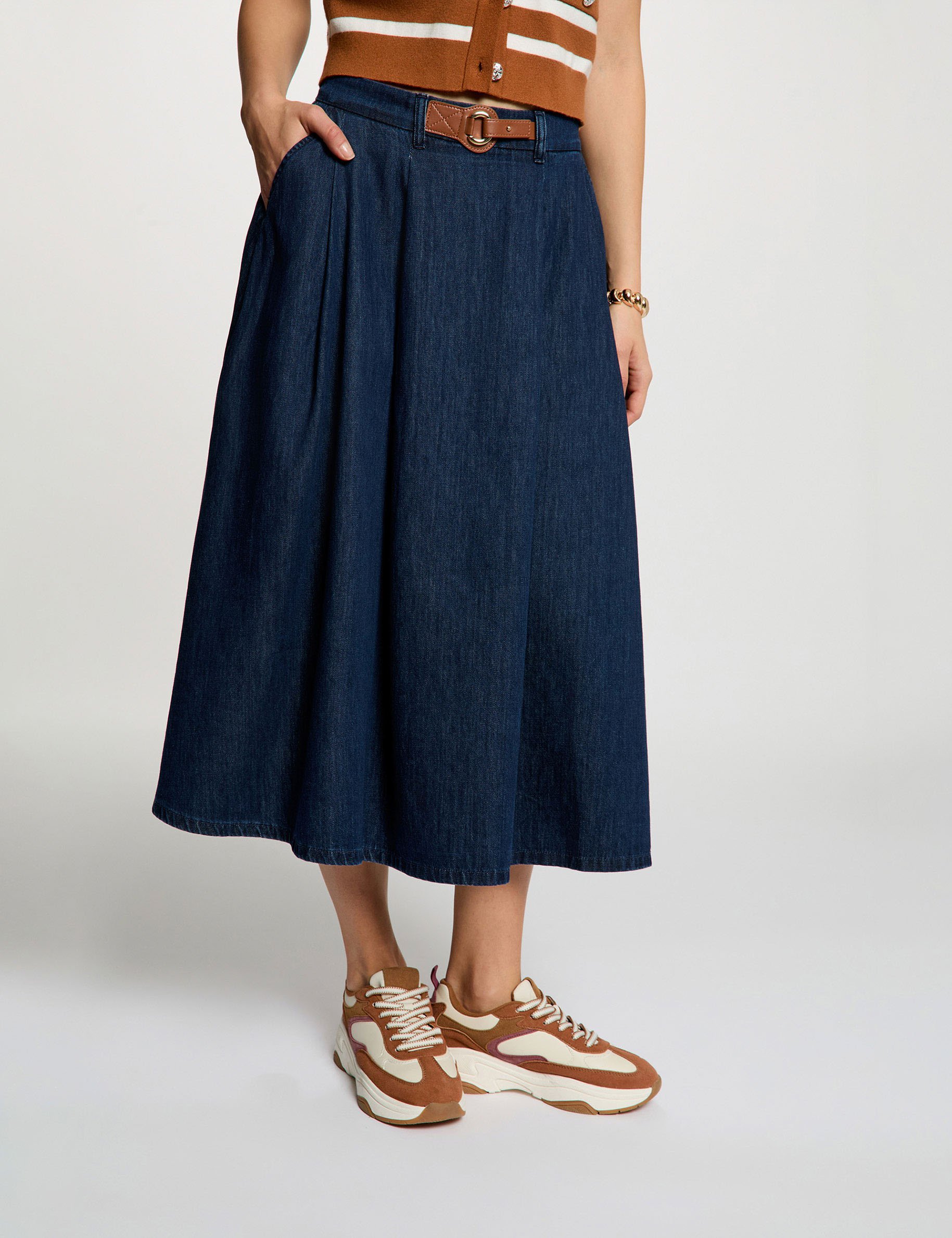 Jupe longue &eacute;vas&eacute;e denim brut femme
