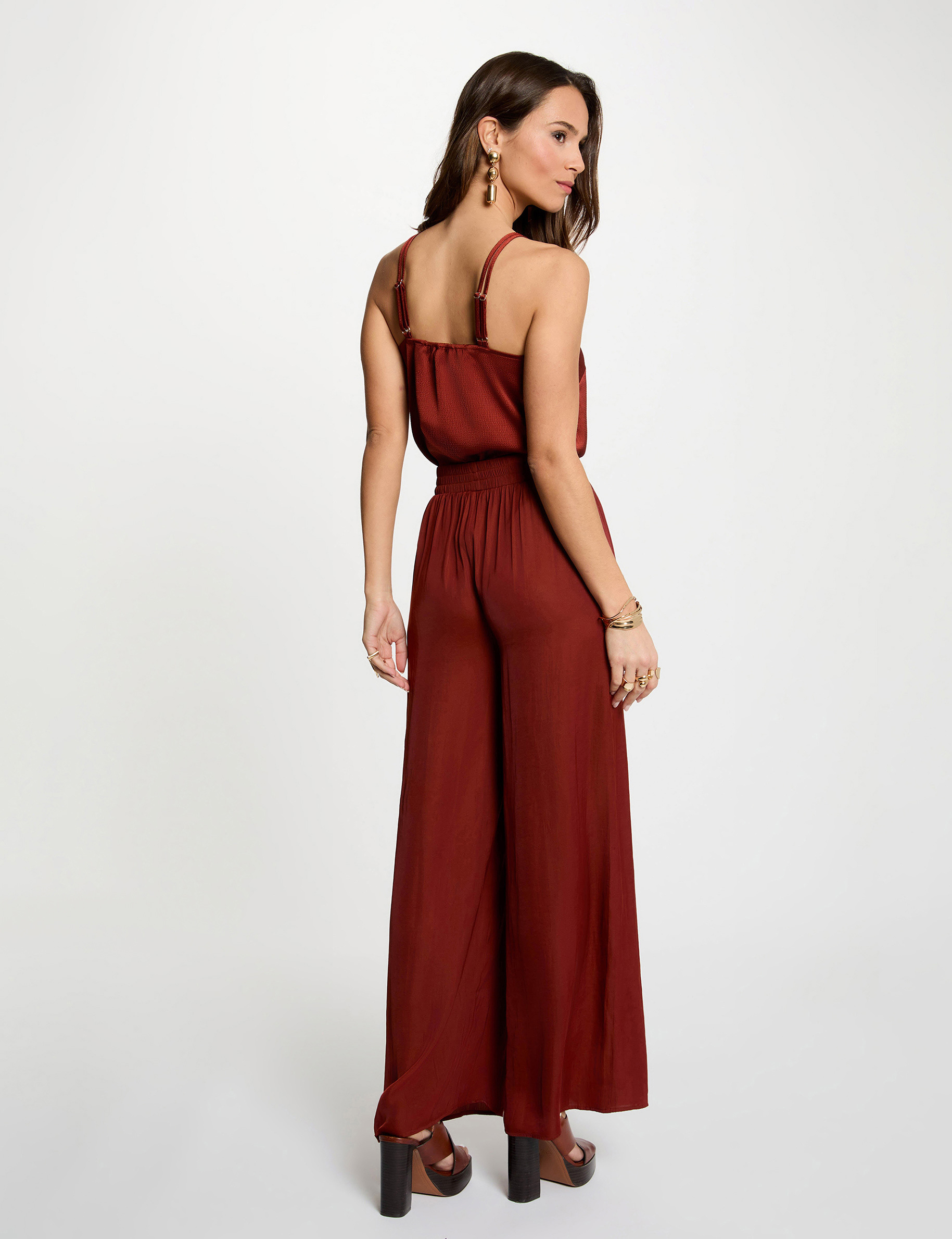 Pantalon large fluide marron cognac femme