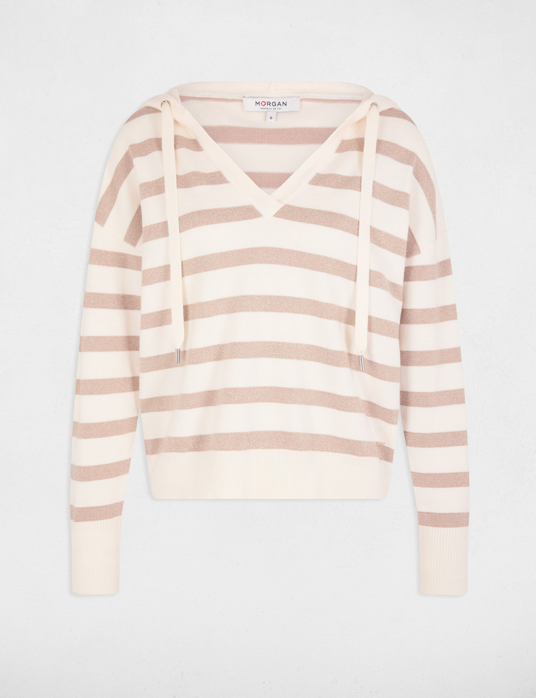Pull col en V à capuche ivoire femme