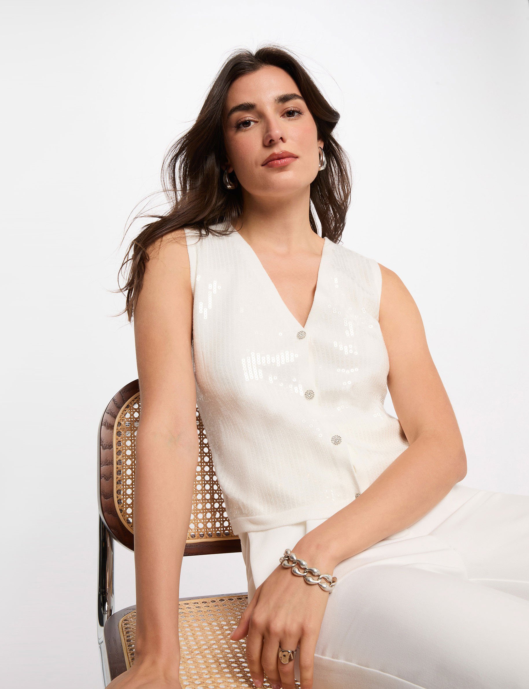 Gilet sans manches col v blanc femme