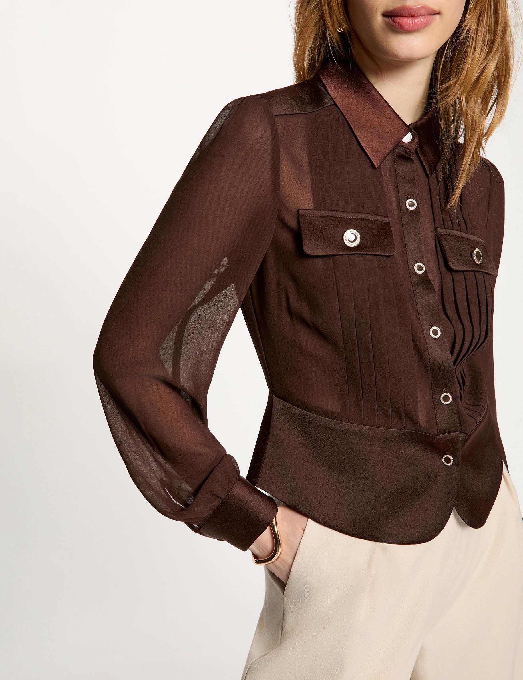 Chemise manches longues avec plis marron fonc&eacute; femme