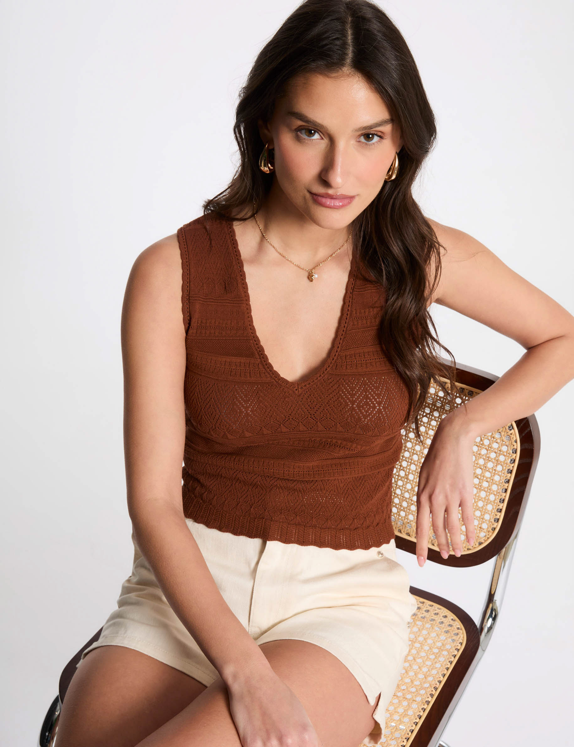 gebreide top met v hals cognacbruin vrouw Gebreide top met V-hals cognacbruin vrouw