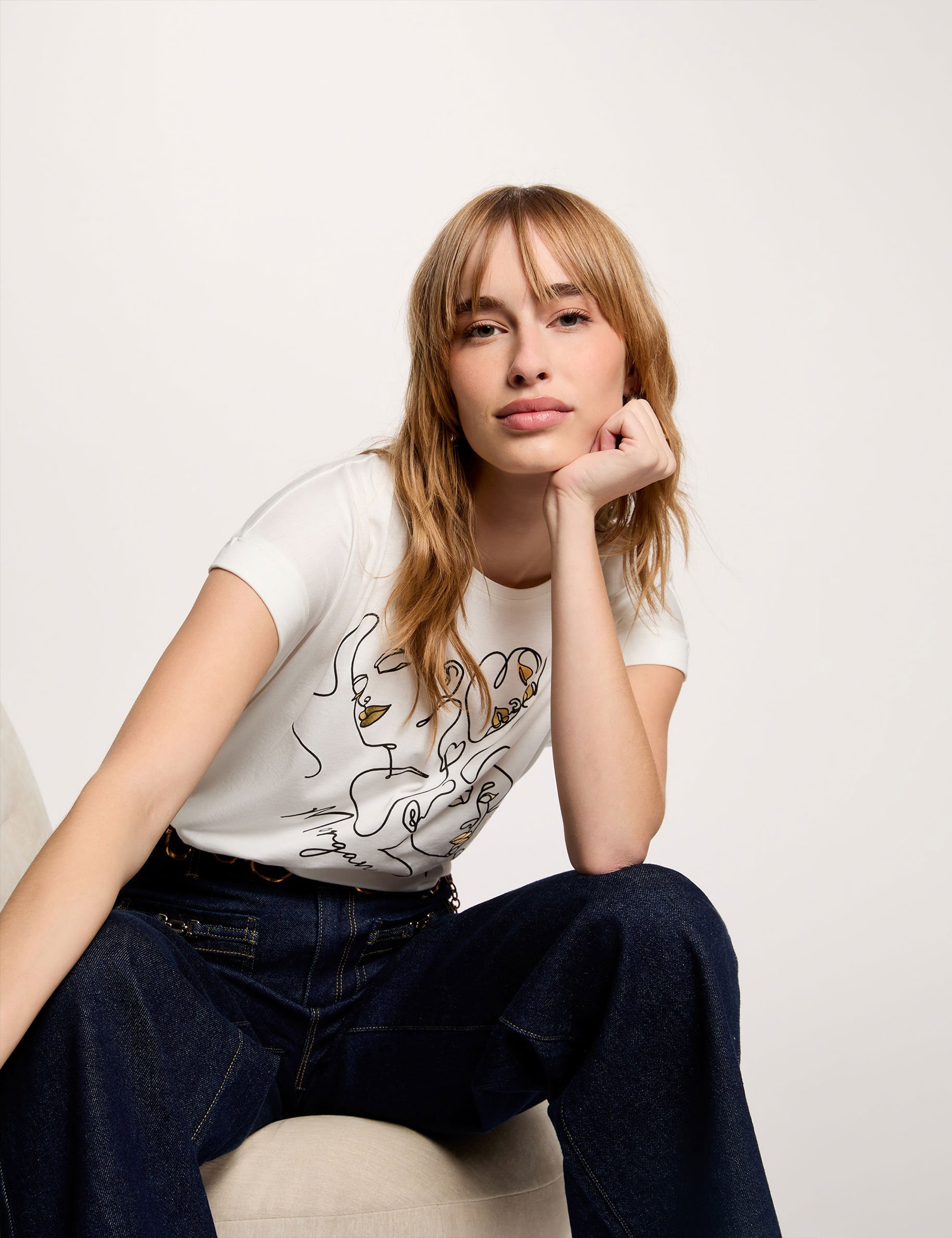 T-shirt col rond manches courtes blanc femme