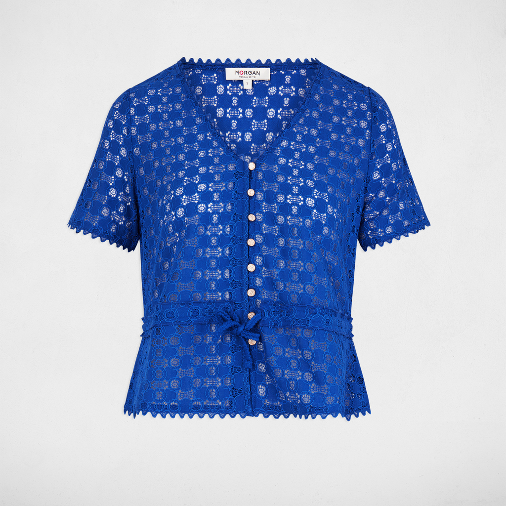 t shirt korte mouwen van kant bleu electrique vrouw T-shirt korte mouwen van kant bleu electrique vrouw