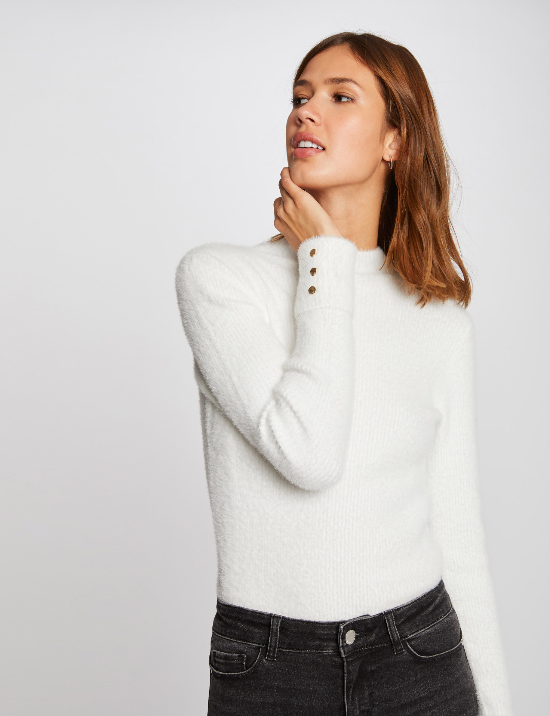 Pull manches longues maille duveteuse ecru femme