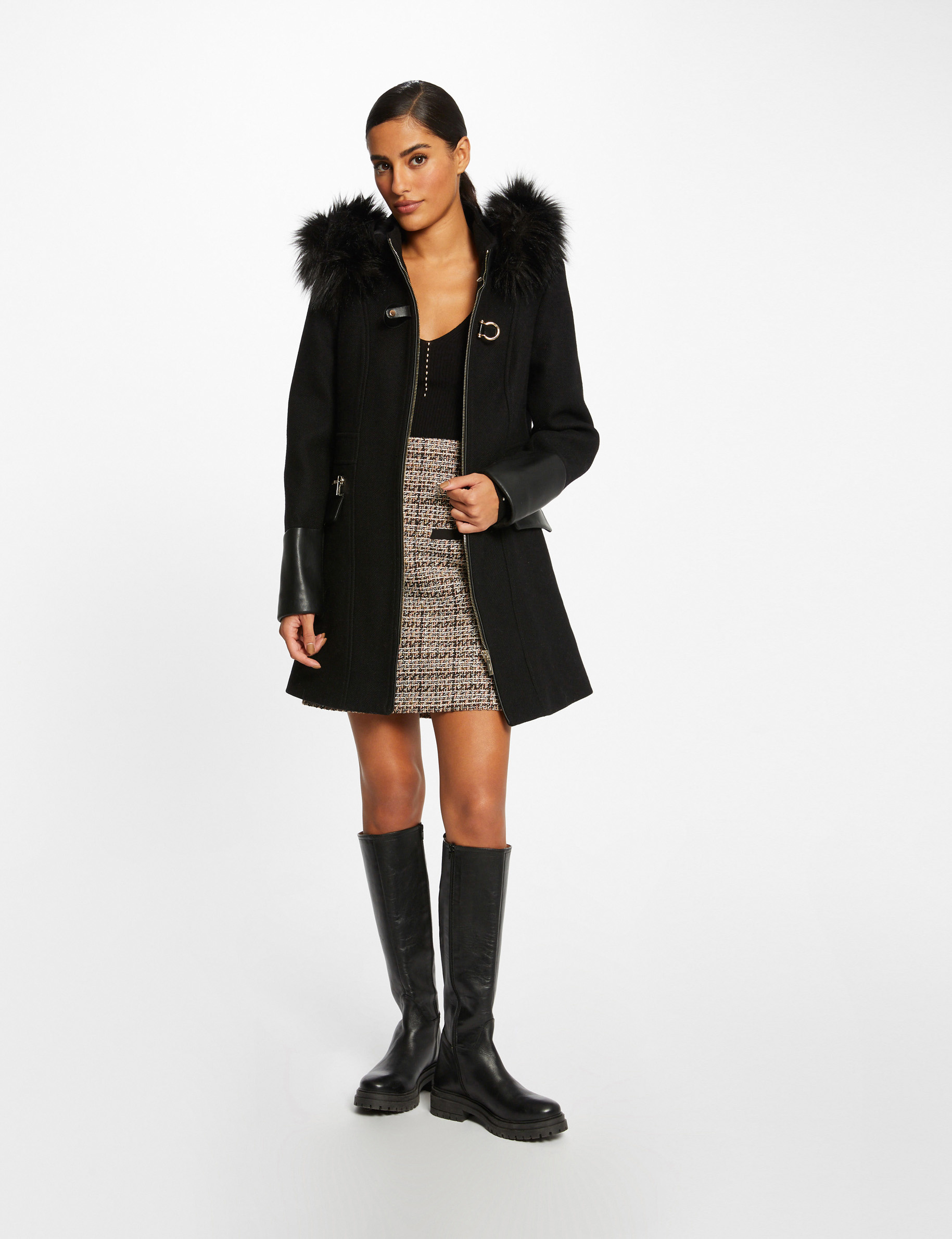 Manteau droit zippé à capuche noir femme