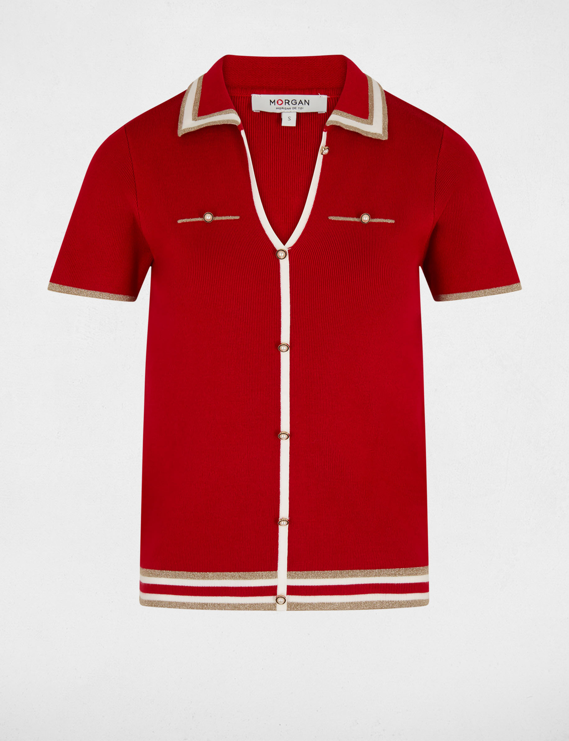 Pull col polo manches courtes rouge femme