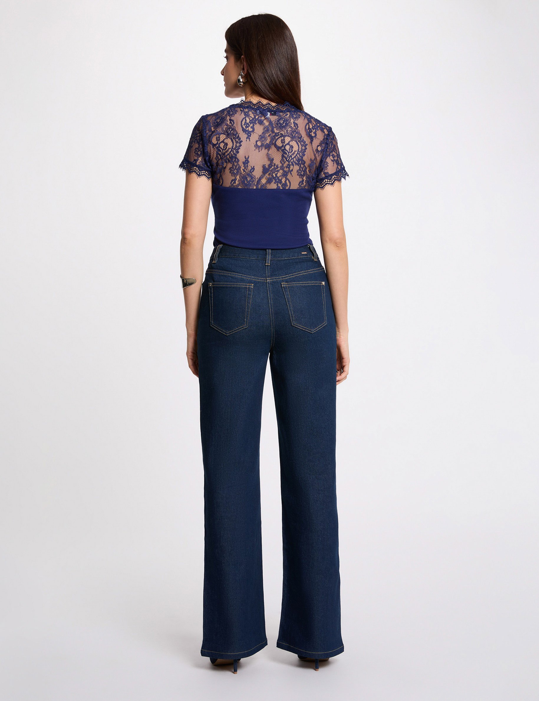 T-shirt manches courtes &agrave; dentelle bleu marine femme