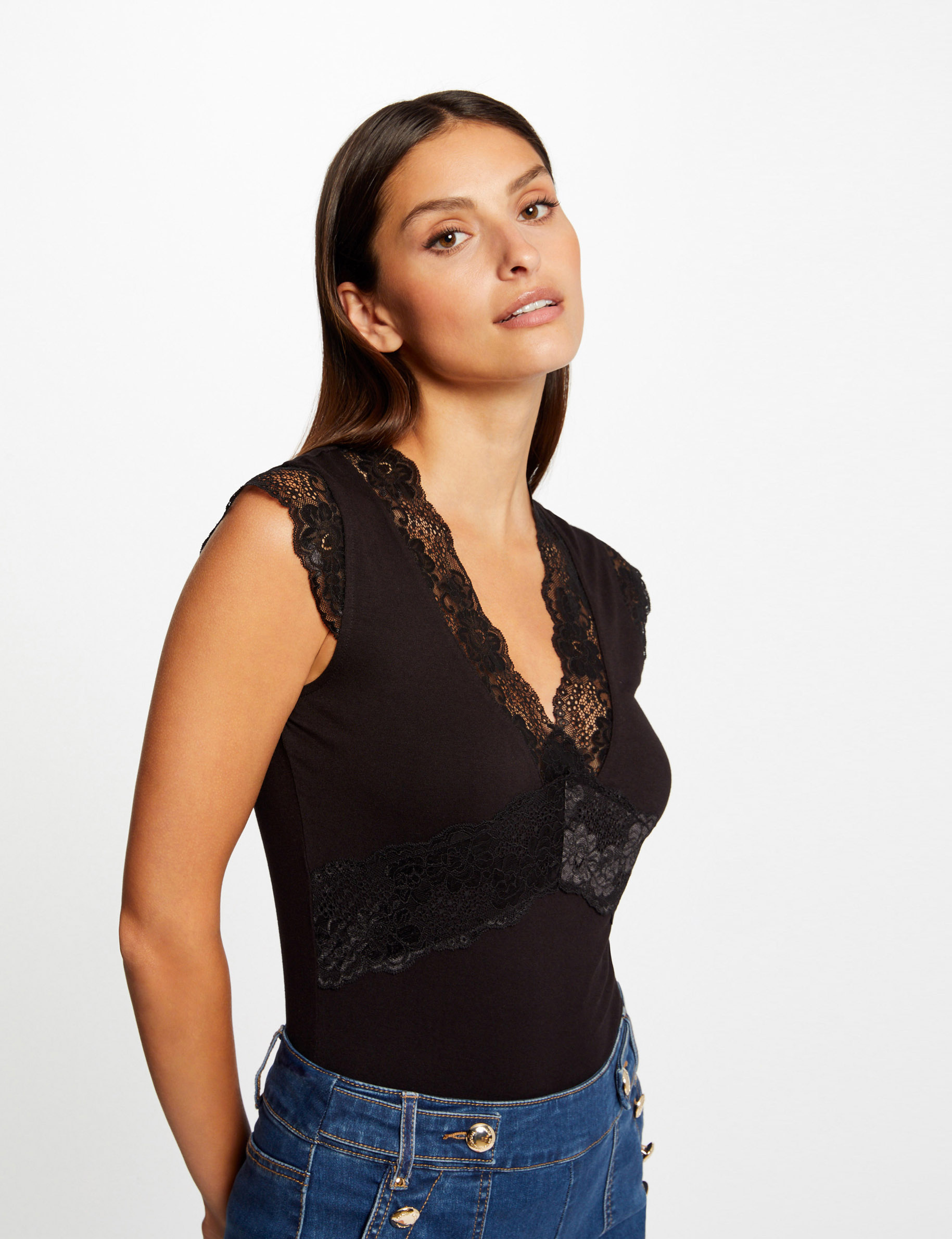 D&eacute;bardeur bretelles larges &agrave; dentelle noir femme